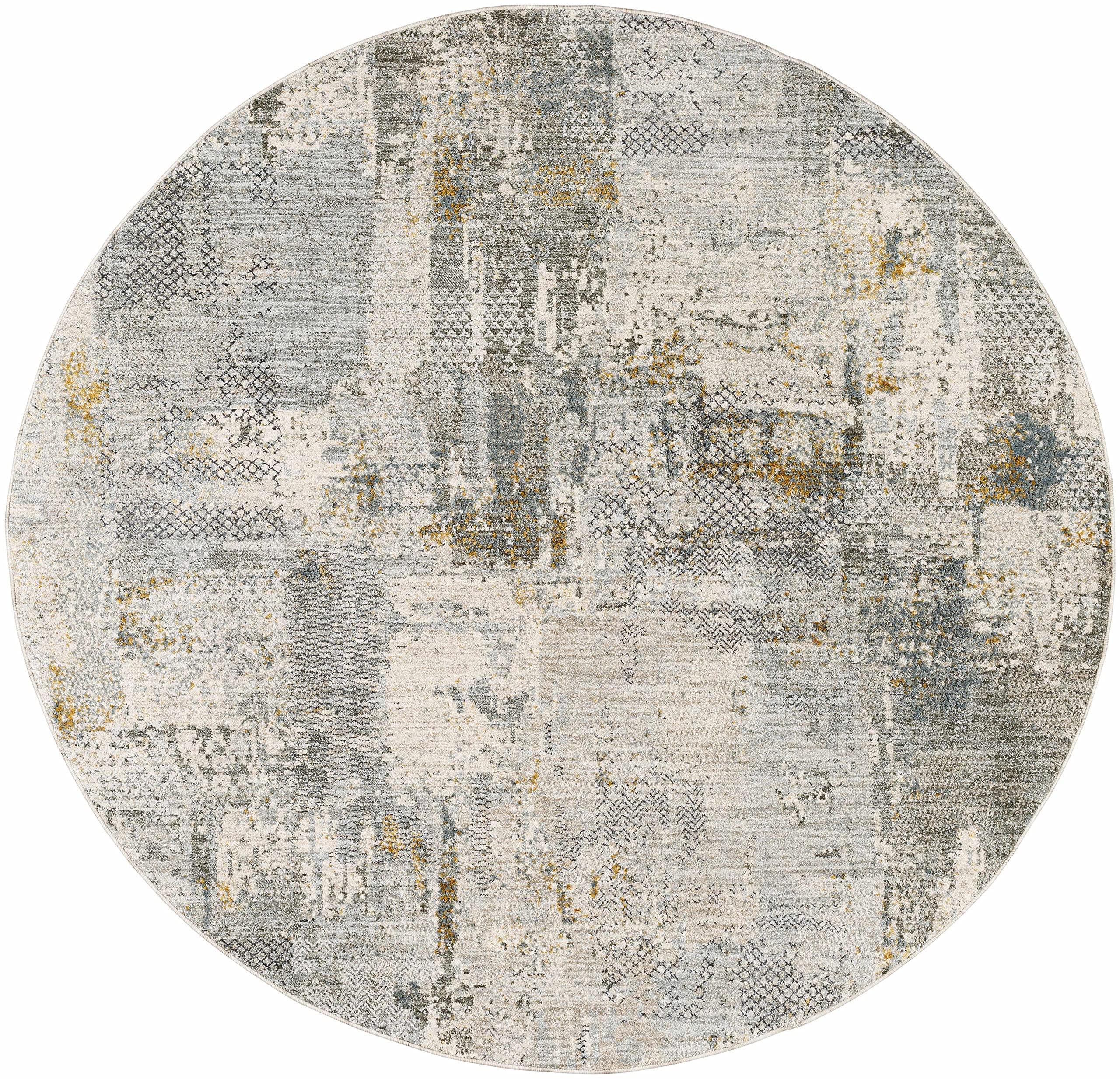 Hauteloom Hauteloom Elina Living Room, Bedroom Area Rug - Modern Abstract Boho Farmhouse - Contemporary Faded Distressed Carpet - Green, Gray, Brown - 5'3"-Round