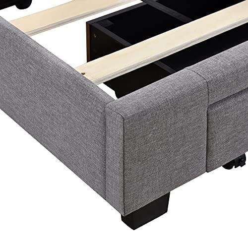 HOHOBD Linen Upholstered Platform Bed with 3 Drawers, Wooden Storage Bed Frame with Headboard for Bedroom (Grey, Queen (U.S. Standard))