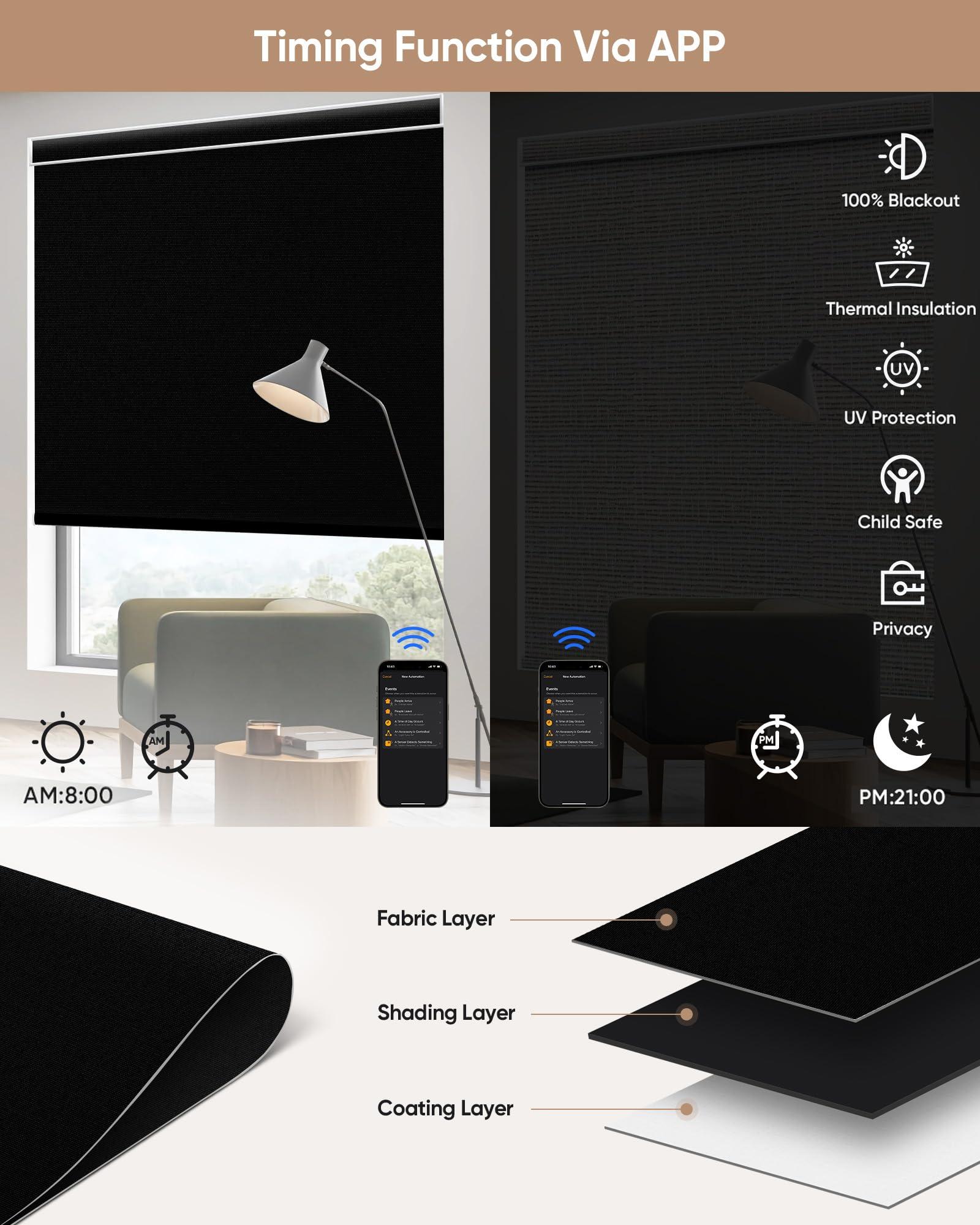 KINCMO Motorized Blinds with Remote: Kincmo 100% Blackout Roller Shades Work with Apple Homekit,Alexa,Google Home, Customized Automatic Blinds, Electric Blinds with App,Voice Control (Vinyl Black)