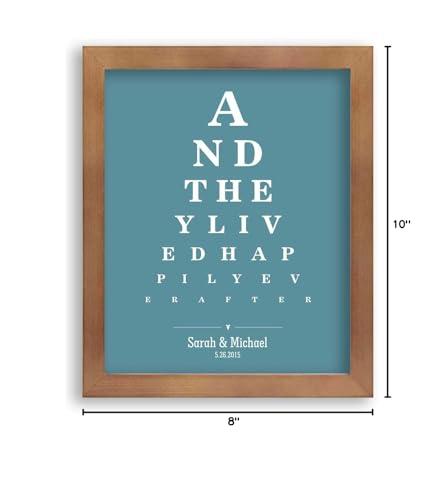 Custom Wedding Art 8X10 Framed Art Print - Personalized Gift For Couple And They Lived Happily Ever After Word Design Eye Chart on Blue Background Custom Metal Tin Print - With Solid Wood Frame & Gift Wrapping CWA-P1274