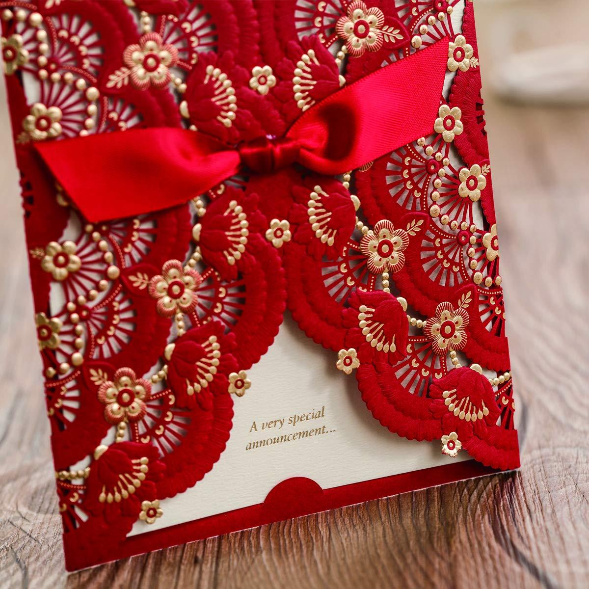 WISHMADE Hosmsua 50PCS Customized Red Wedding Invitations Cards with 5 x 7.4 Inch Laser Cut Rose Foil Gold Floral Pocket Invitions for Wedding Quinceanera Invite