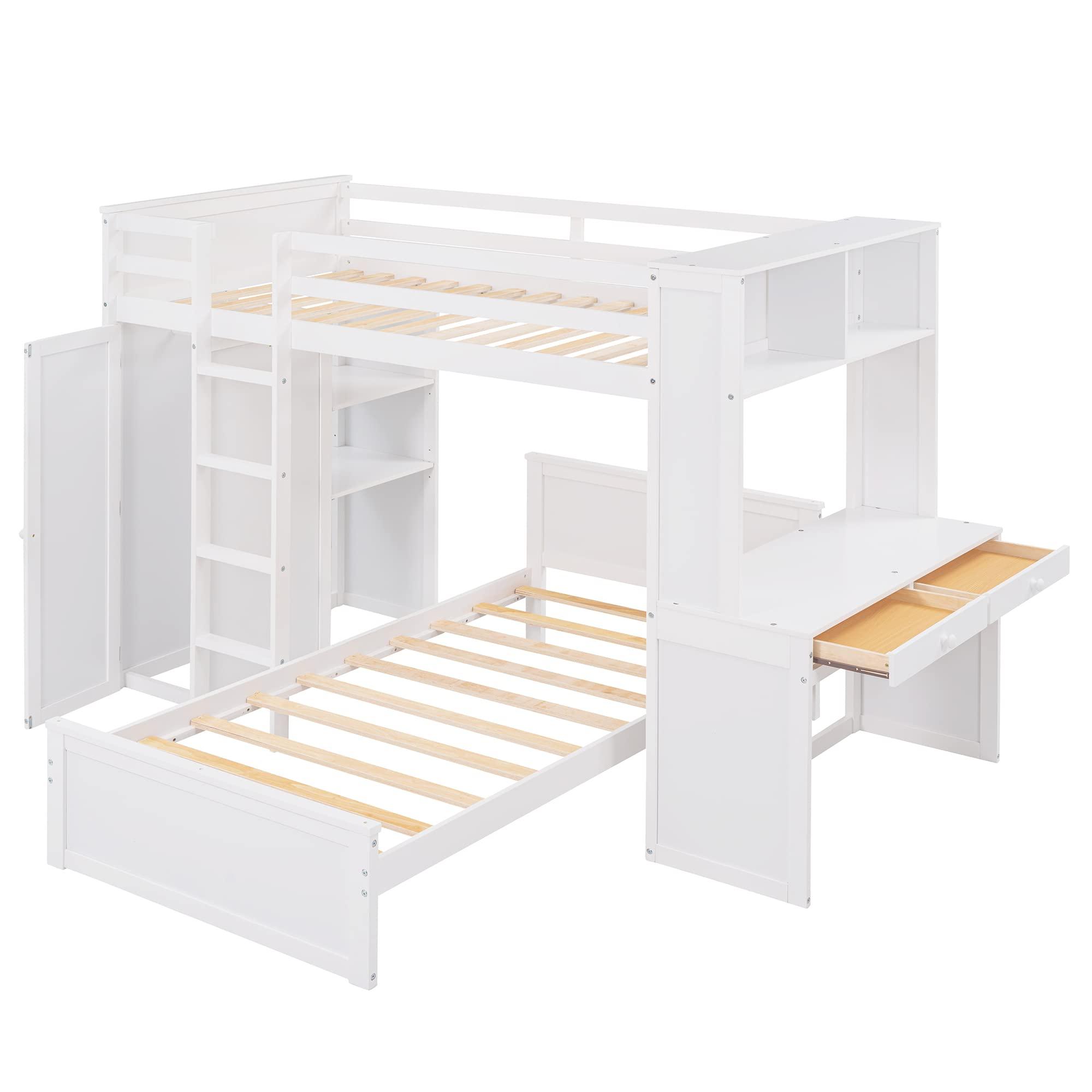 TRIPLE TREE Loft Bed Twin Size, Wood Loft Bed Frame with a Stand-Alone Bedframe, Shelves, Desk and Wardrobe for Teens, Girls and Boys, Save Space Bunk Bed, 2 Beds in 1 Multifunctional Bed Frame, White