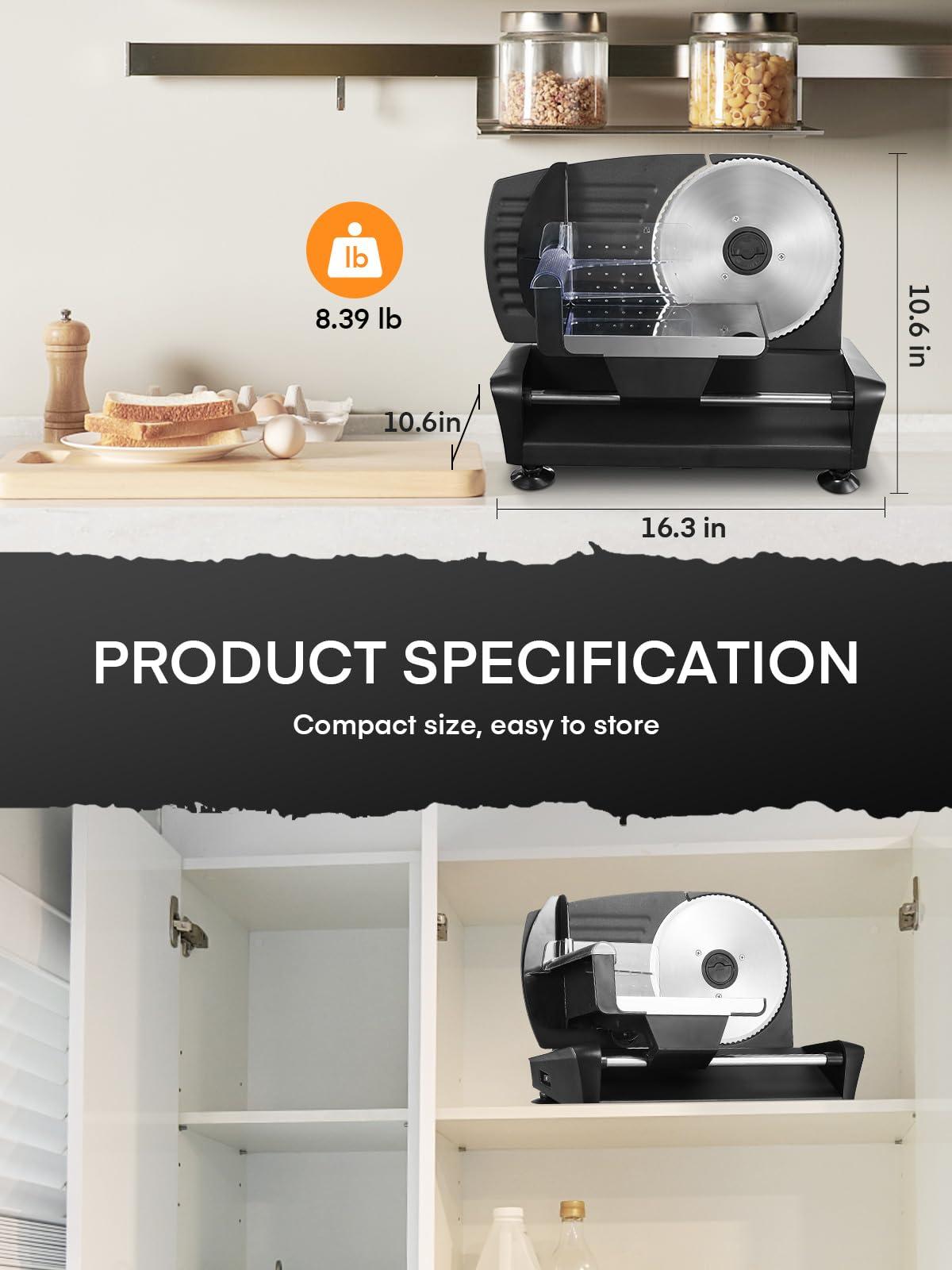 FOHERE FOHERE Meat Slicer for Home Use, 200W Electric Deli Food Slicer with Removable Two 7.5 Blades, 0-15 Precise Thickness Knob Cut Deli Food, Meat Ham Bread Fruit, Include Food Carriage, Black