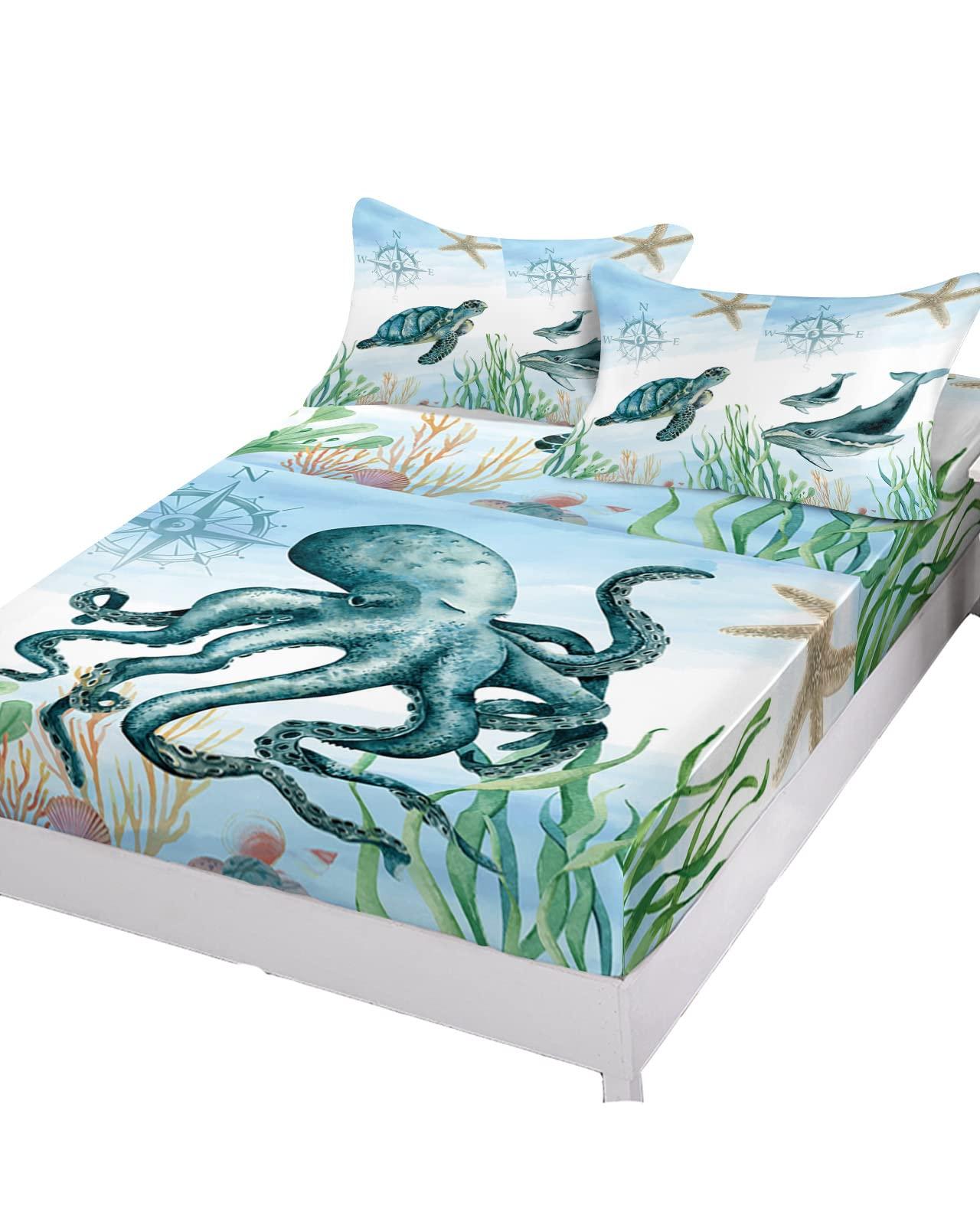 Chucoco Cal King Fitted Sheet Deep Pocket,Ocean Marine Life Turtle Octopus Compass Soft Microfiber Brushed Bed Sheet & Pillowcase Set,Seahorse Starfish Nautical Hotel Fitted Bottom Sheets All Around Elastic