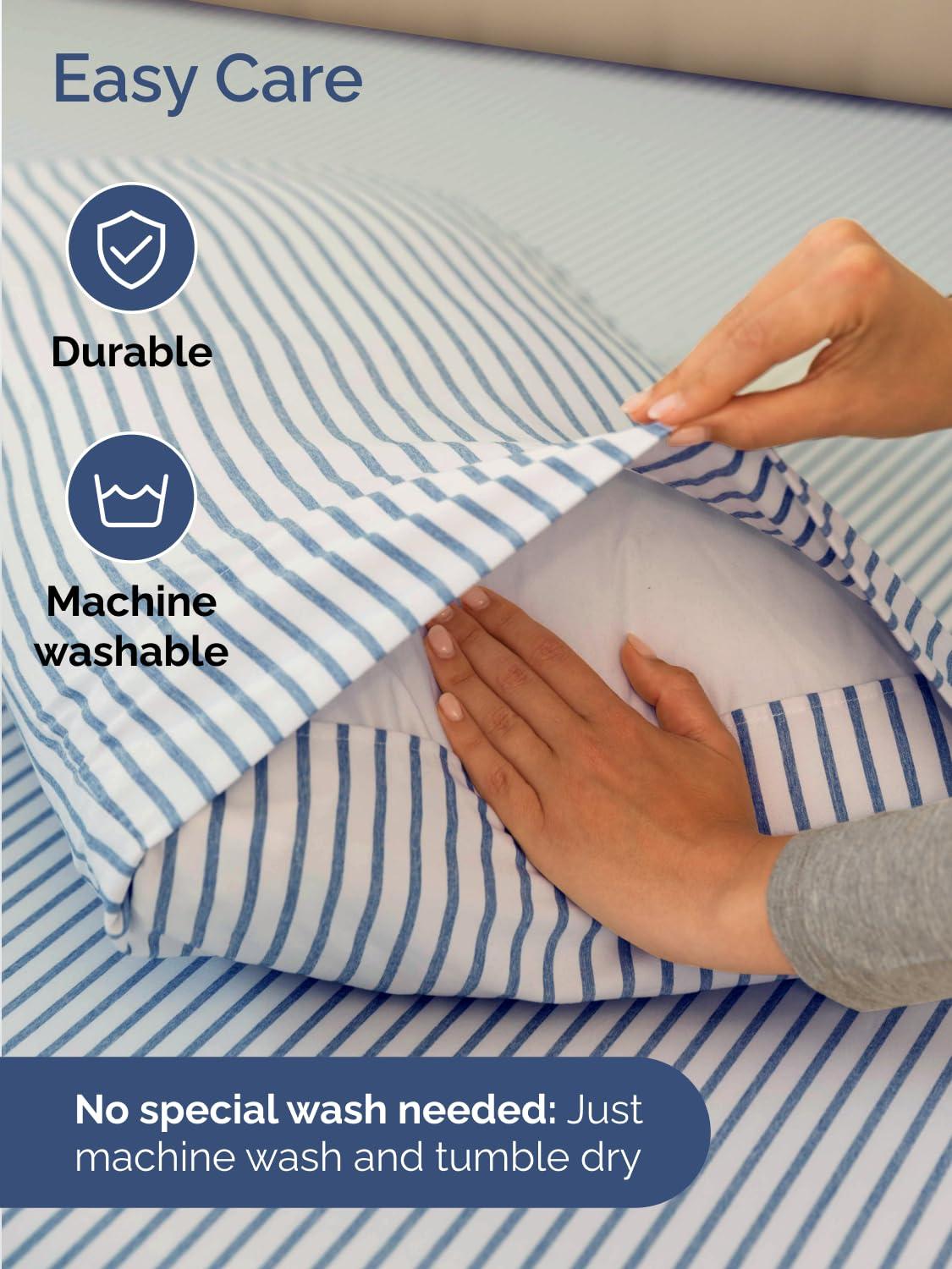 CGK Unlimited Extra Deep Split King Sheet Set - 7 Piece Breathable & Cooling Sheets - Hotel Luxury Bedding Set 18-24 Inch Extra Deep Pockets - Easy Fit, Soft, Wrinkle Free & Comfy - Blue Stripes, Split King Size