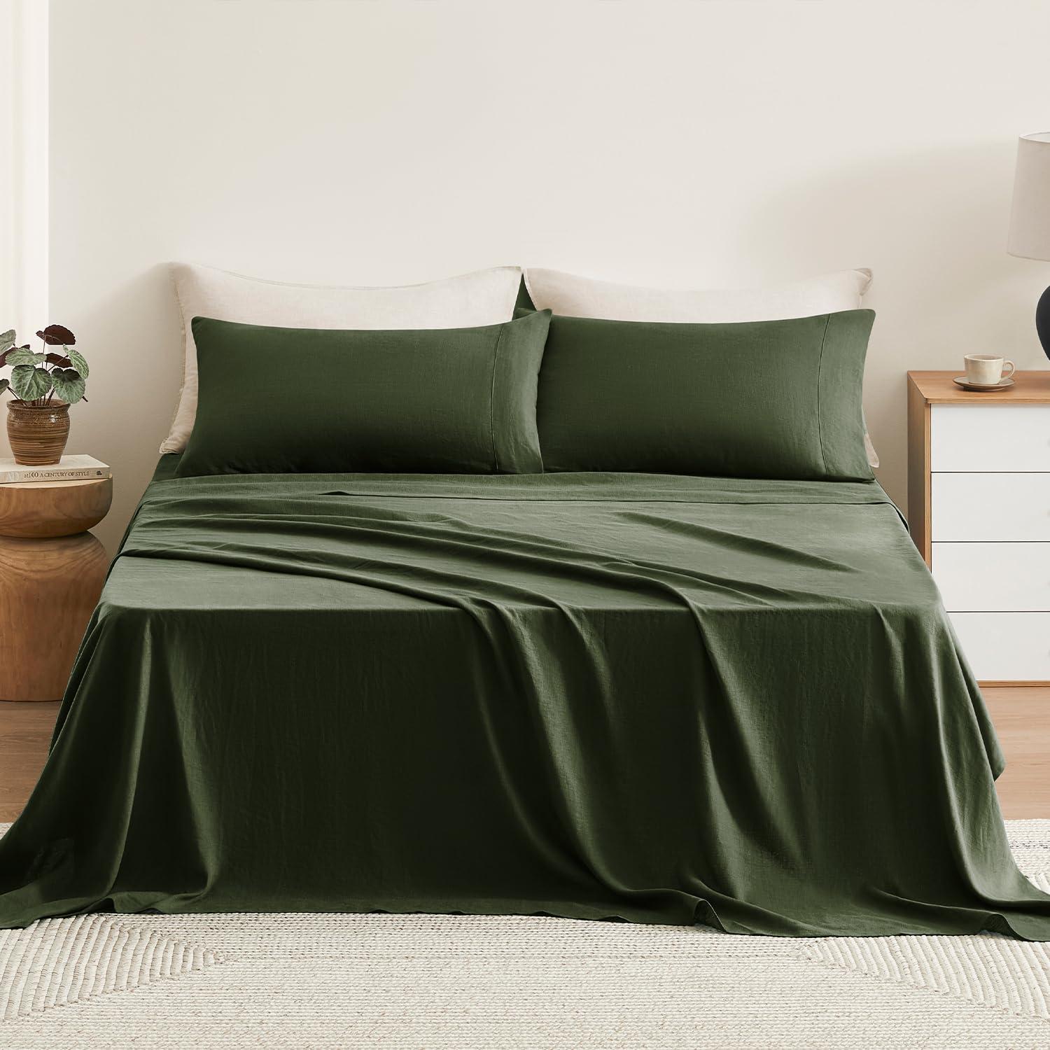 TOSMO TOSMO Pure Linen Sheets Set, 100% French Natural Linen Flax Bedding 4pc Set (Queen, 1 Flat Sheet, 1 Fitted Sheet, 2 Pillowcases) - Forest Green