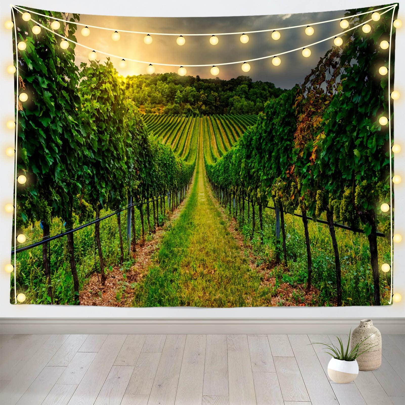 Loccor Loccor Vineyard Tapestry Farm Sunset Green Vineyard Landscape Tapestry Wall Hanging Vineyard Grapevine Field Wine Tapestry for Living Room Bedroom Dorm Home Decor 140x100inch