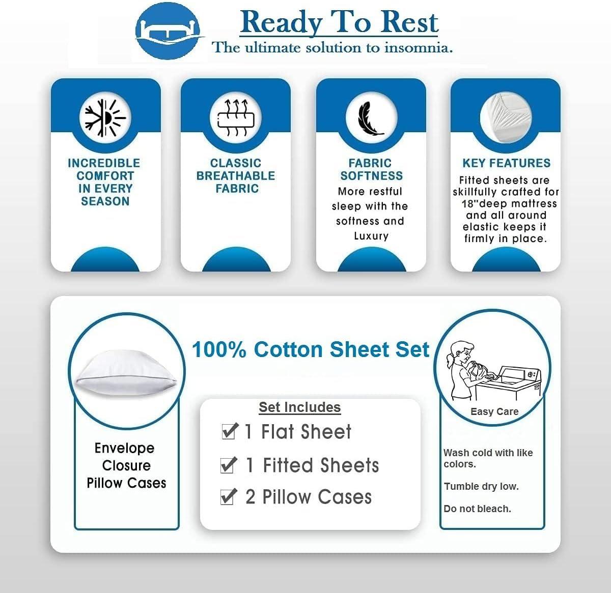 Ready To Rest 4 Piece Full XL Sheet Set, Full Extra Long Size White Solid, 100% Egyptian Cotton, 600-Thread-Count Cooling Bed Sheets, 9 Inch Deep Pocket of Fitted Sheet, Full Long Bed Sheets for Dorm Bedding