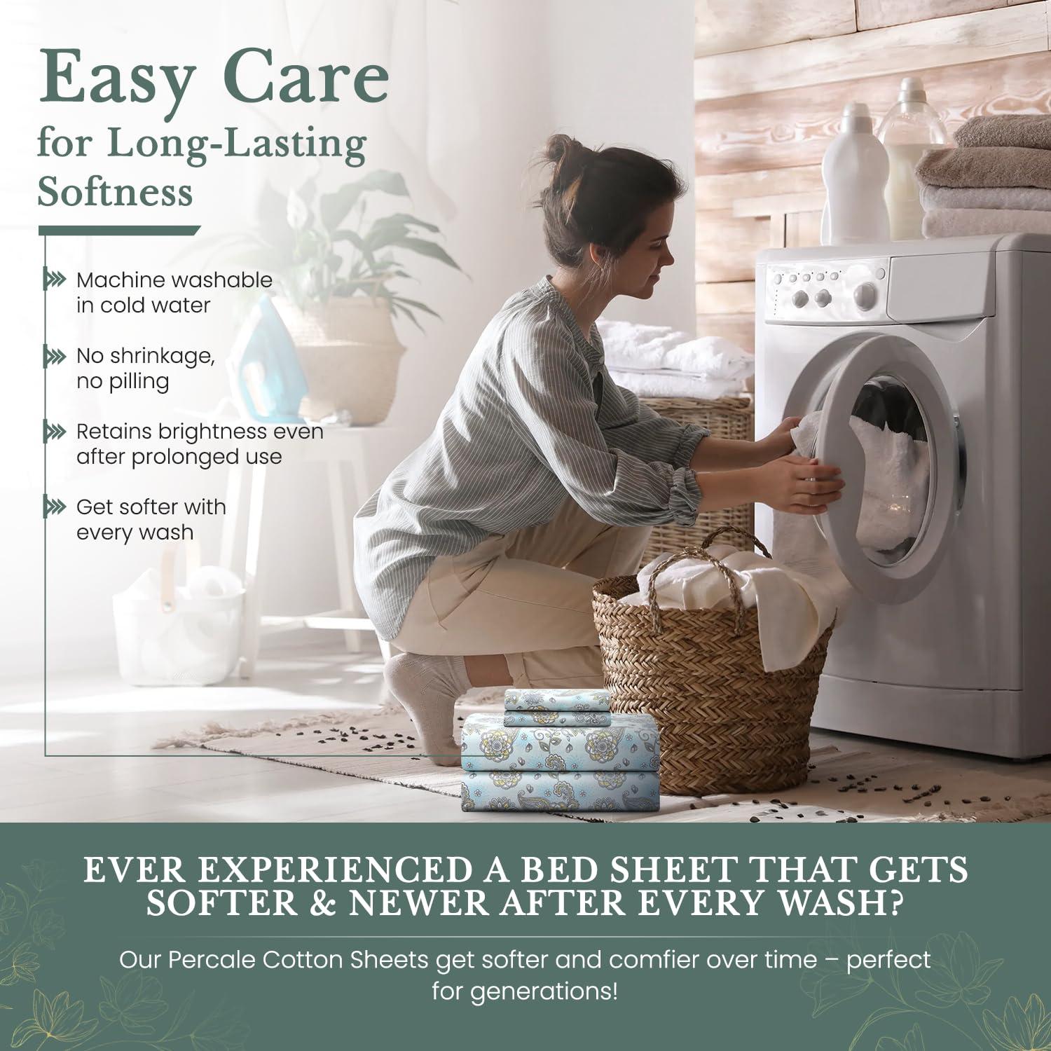 FEATHER & STITCH NEW YORK Feather & Stitch Softest 100% Cotton Sheets, 300 Thread Count Percale Weave Bedding, 16\" Deep Pocket, Cooling Sheets, Breathable Bed Set, Hotel Premium Quality (Twin, Aqua Paisley)