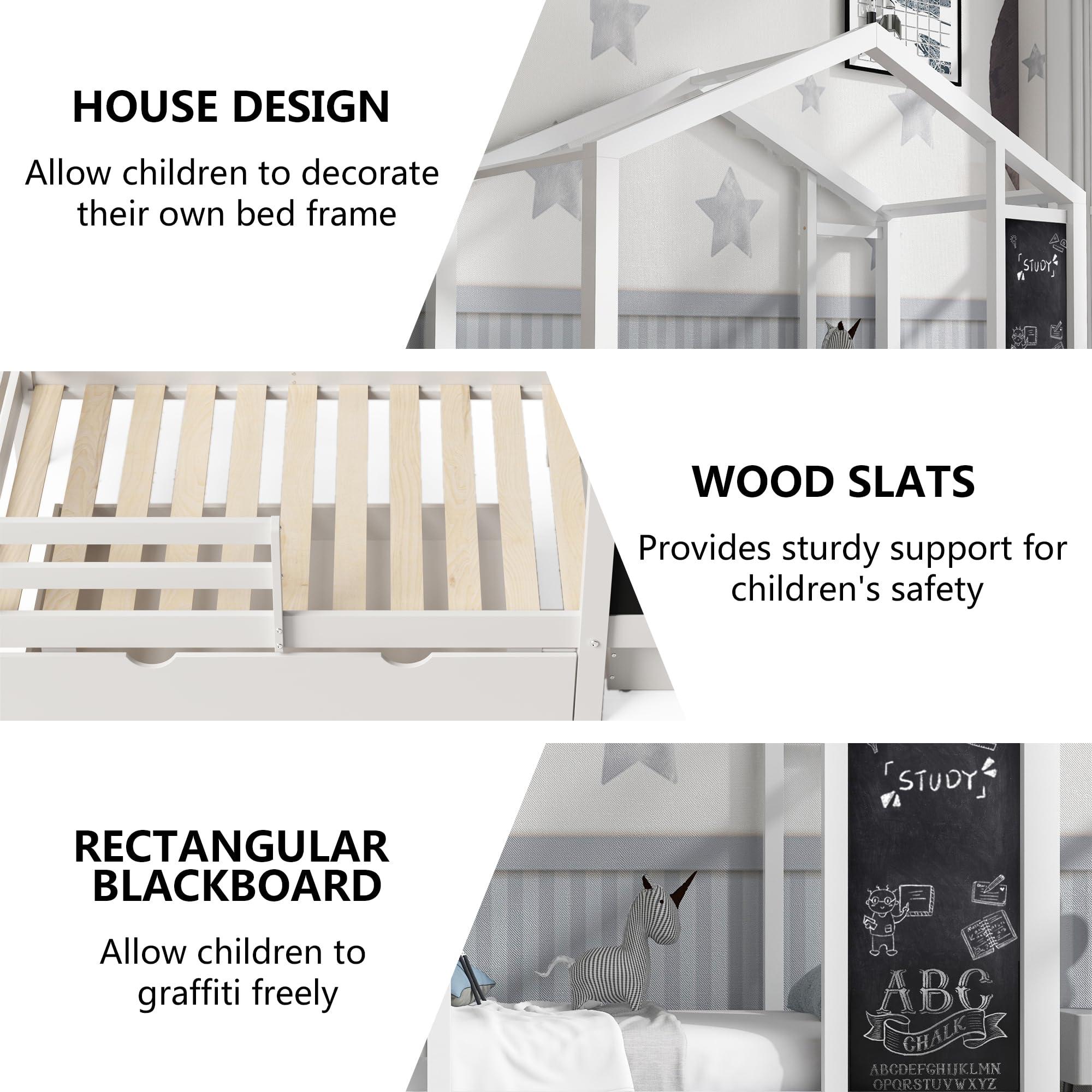 HUMEHA HUMEHA Twin House Bed with Drawers, Kids Platform Bed Frame with Blackboard, Montessori House Bed with Slats and Roof for Teens Girls Boys, 80.1\" L x 41.9\" W x 72\" H, White