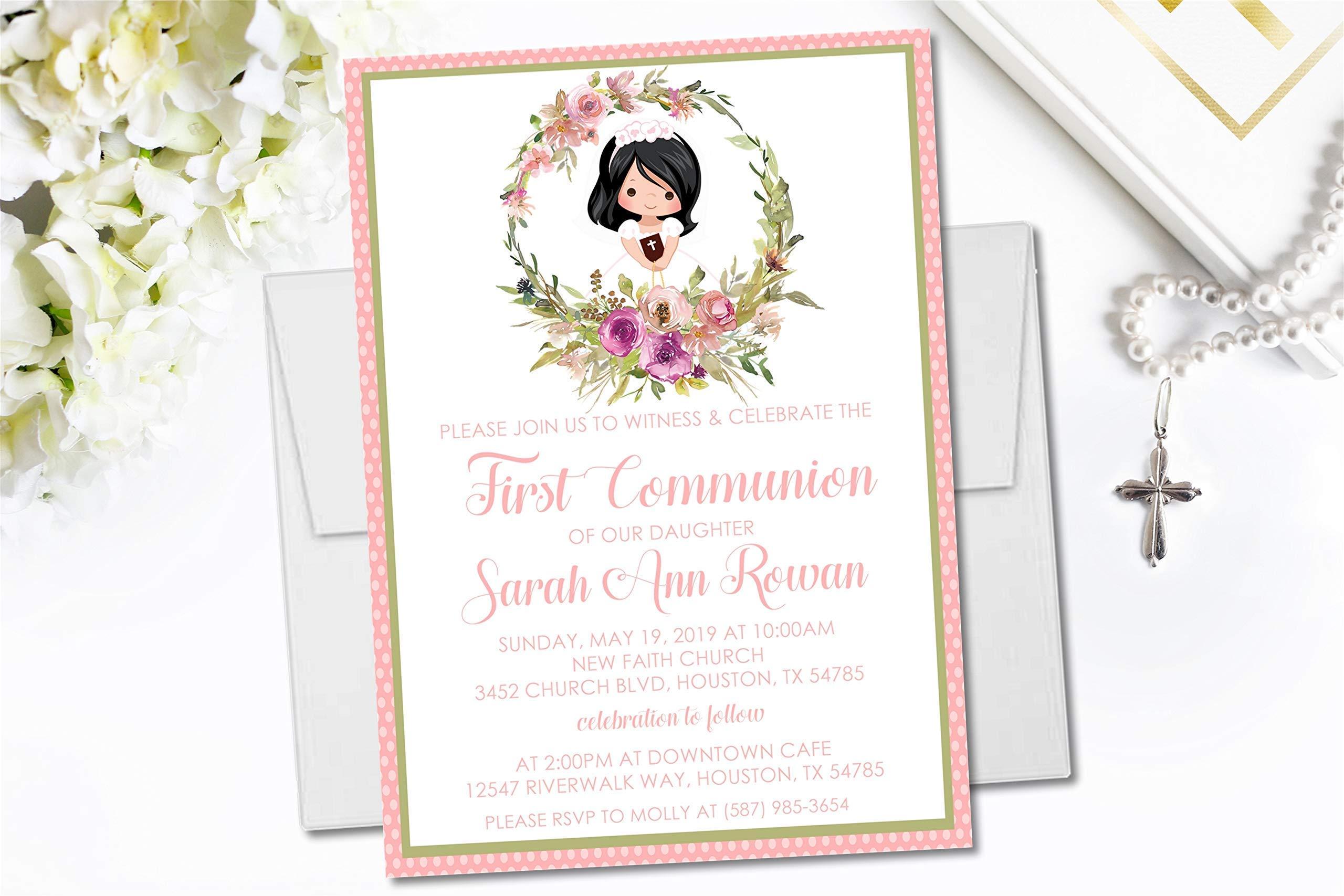 Party Beautifully Girls First Communion Invitations, Spanish First Communion Invitations For Girls, Pink Communion Invitations, Girls Communion Invites With Envelopes (Pink & Lavender)