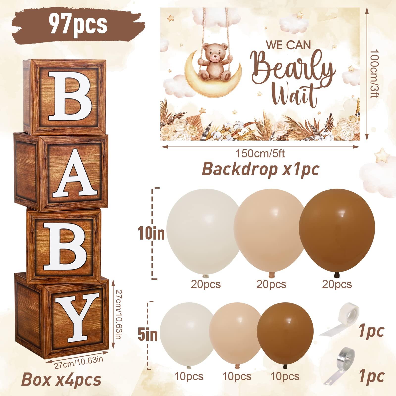 DataMoon DataMoon Teddy Bear Baby Shower Party Decorations - Wood Grain Boxes with Baby Letters, 90PCS Nude and Brown Balloons, Boho Backdrop We Can Bearly Wait for Baby Shower, Gender Reveal,Birthday Party