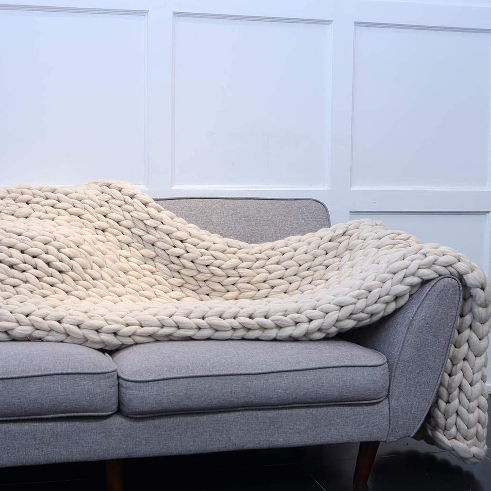 BWBG Chunky Knit Blanket Beige, Synthetic Wool Luxury Throw Knitted Blanket for Cuddling Up in Bed, Cozy Handmade Bulky Bed Sofa Chair Mat for Home Decor-80x80in