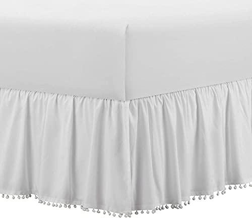 Silver Cotton Full Size Pom Pom Ruffle Daybed Skirt 100% Egyptian Cotton, 15 Inch Deep Pocket with Split Corners for Day Beds, Easy Fit, Three Side Coverage, Solid White