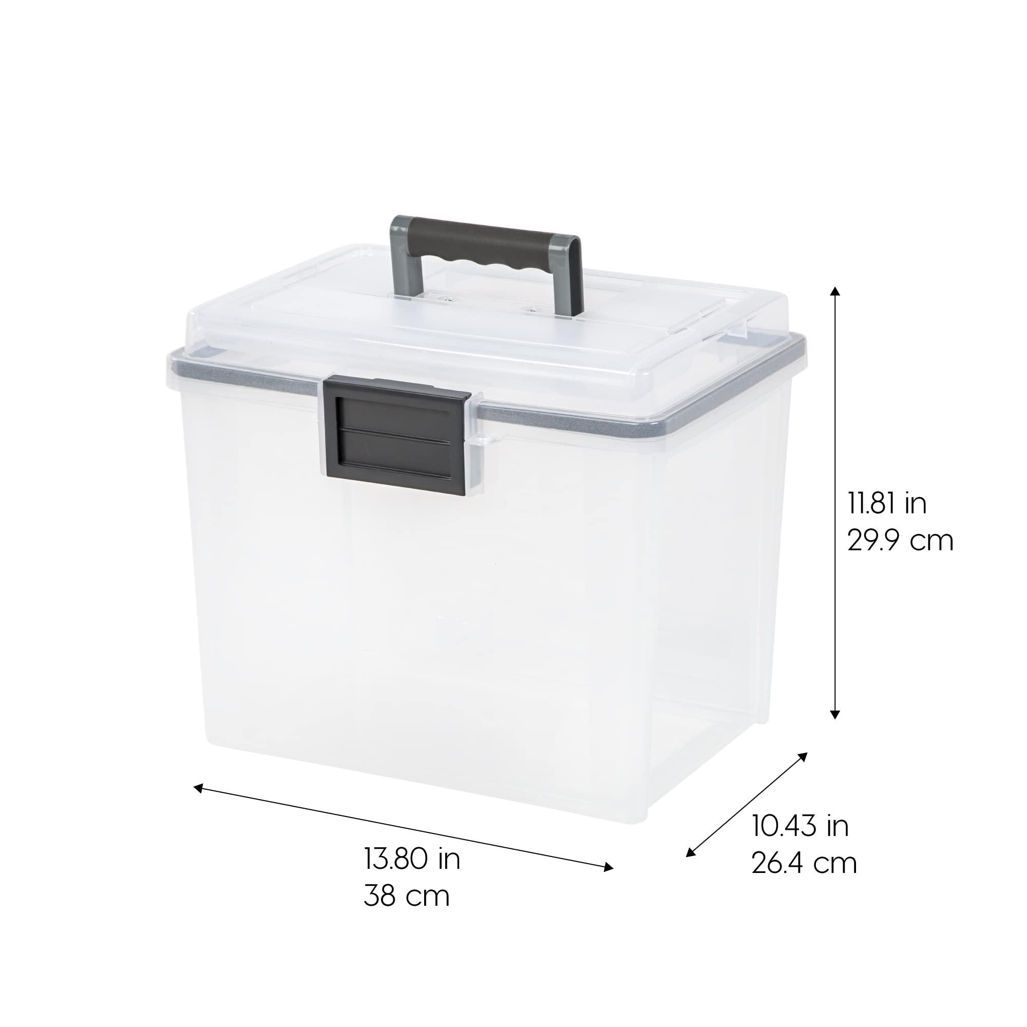 IRIS USA, Inc. IRIS USA File Box WeatherPro Portable File Organizer Plastic File Box for Letter File w/ Organizer-Lid, Durable Lid and Gasket Seal, Secure Latching Buckles, Stackable, Lockable, Clear 19 Qt. 4 Pack