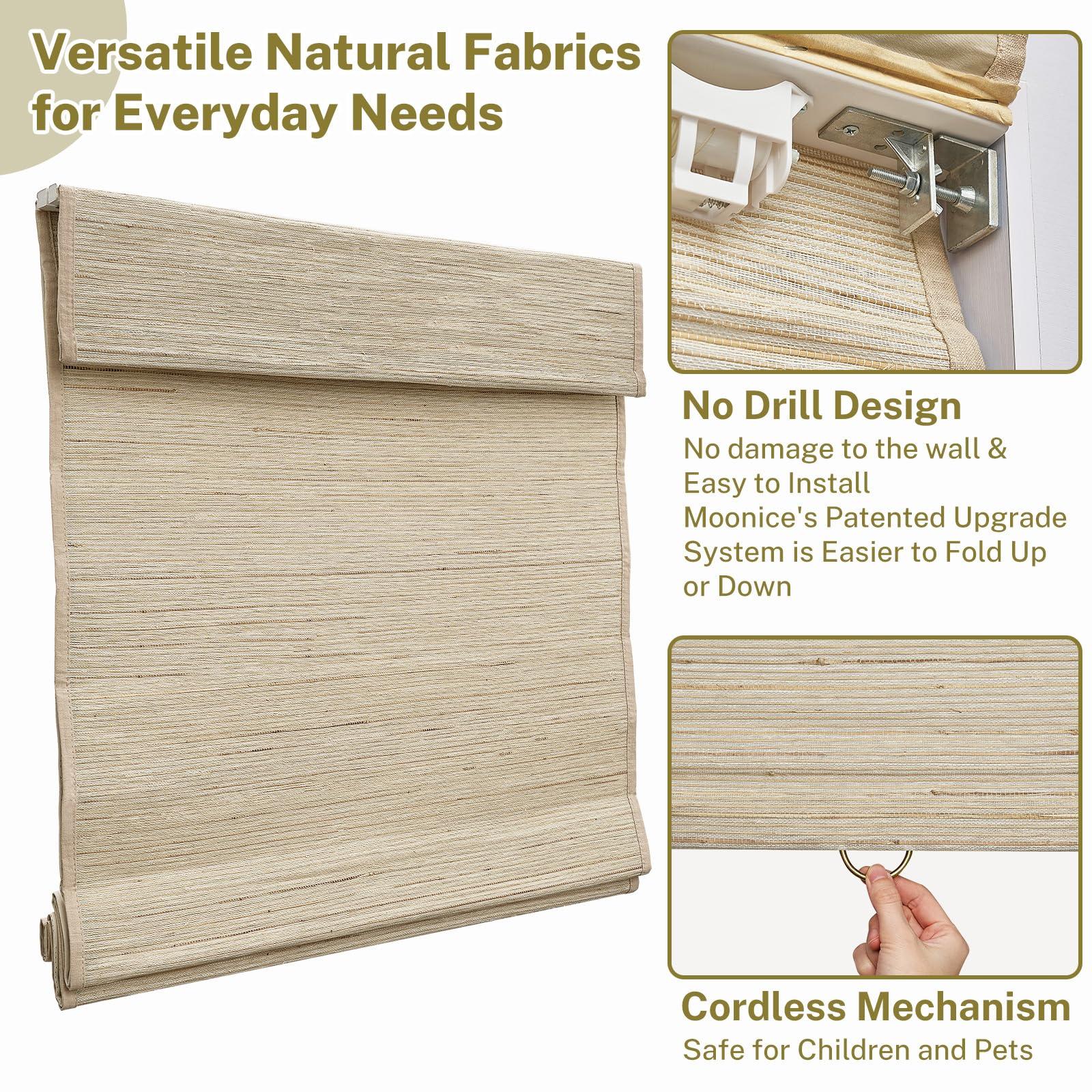 moonice Moonice No Tools No Drill Cordless Roman Shades for Window Blackout, Natural Woven Fabric Privacy Room Darkening Blinds, Thermal Insulated Easy Install Roman Blind Window Blinds Treatment, Awlmond