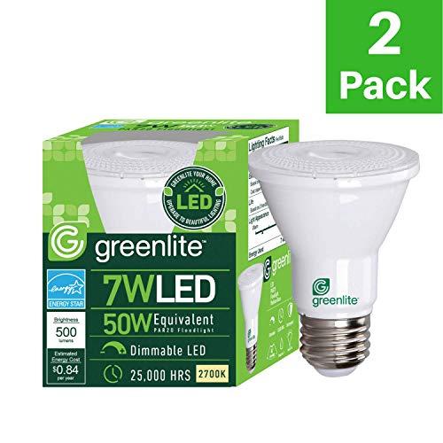 Greenlite Greenlite LED PAR20 Dimmable Flood Light Bulb, 7W (50W Equivalent), 500 Lumens, 2700k Soft White, 40 Wide Flood Beam Angle, Indoor, 120V, Energy Star Certified, (Pack of 2)