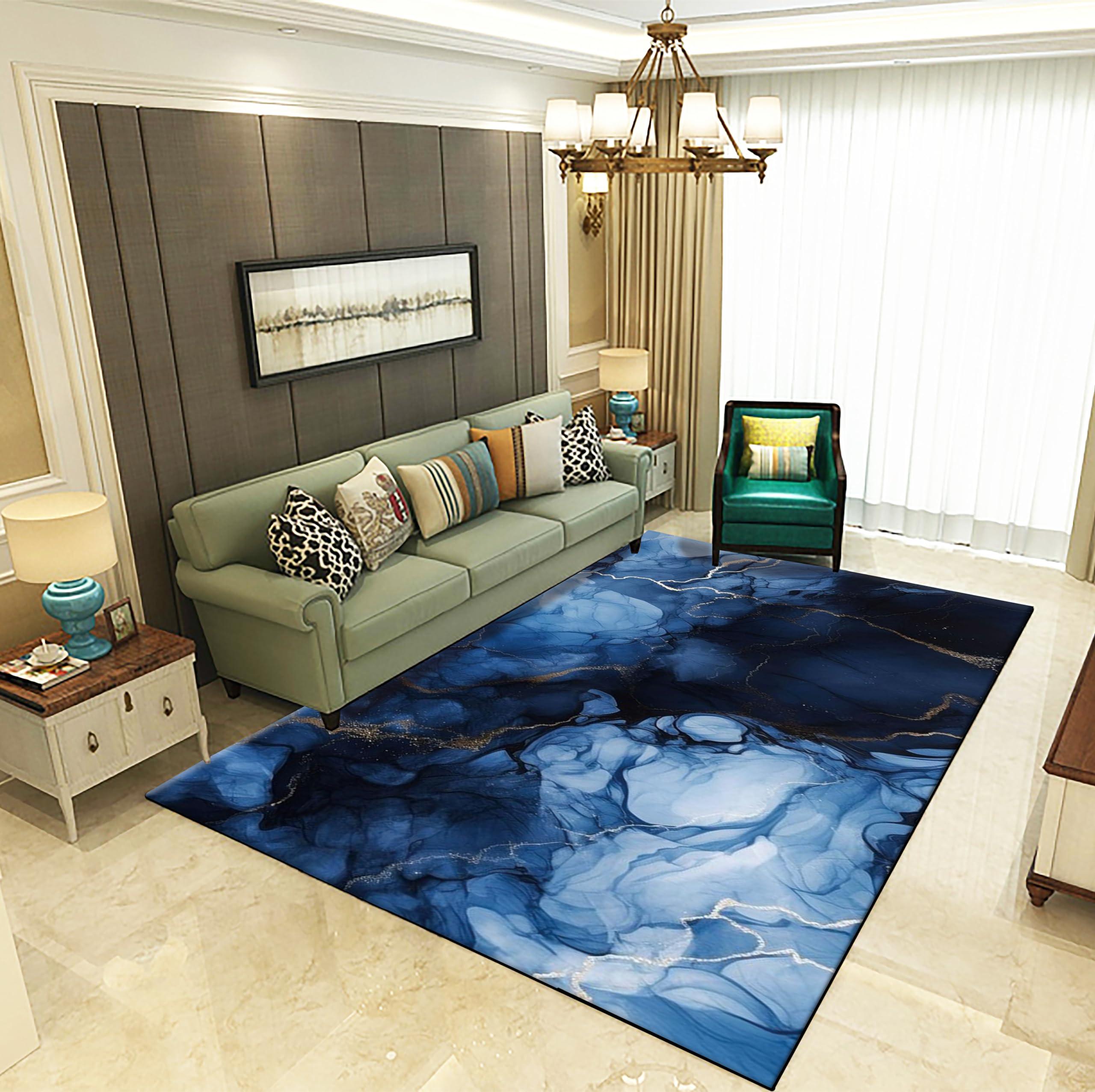 PDENZG Navy Blue Marble Area Rug, 5x6ft, Marble Gold Gilt RugTie-Dye Liquid Abstract Art Bedroom Decoration Carpetfor Living Room Bedroom Washable Soft and Non-Slip Dining Rug