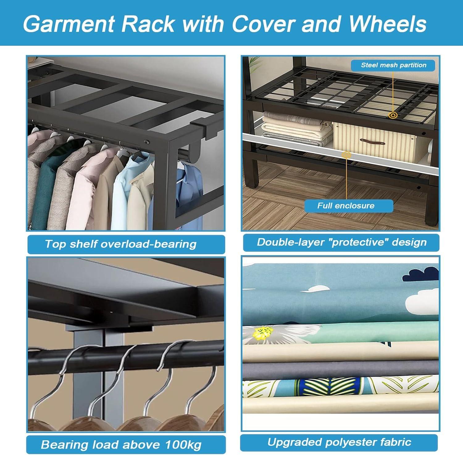 ZAIHW Garment Rack Walk In Closet Organizer Heavy Duty Clothes Rack Closet System with 3 Hanging Rods, 8 Wheels, 1600 LBS Load Capacity for Wardrobe, Freestanding Bedroom Armoire (215cm/84.6in)