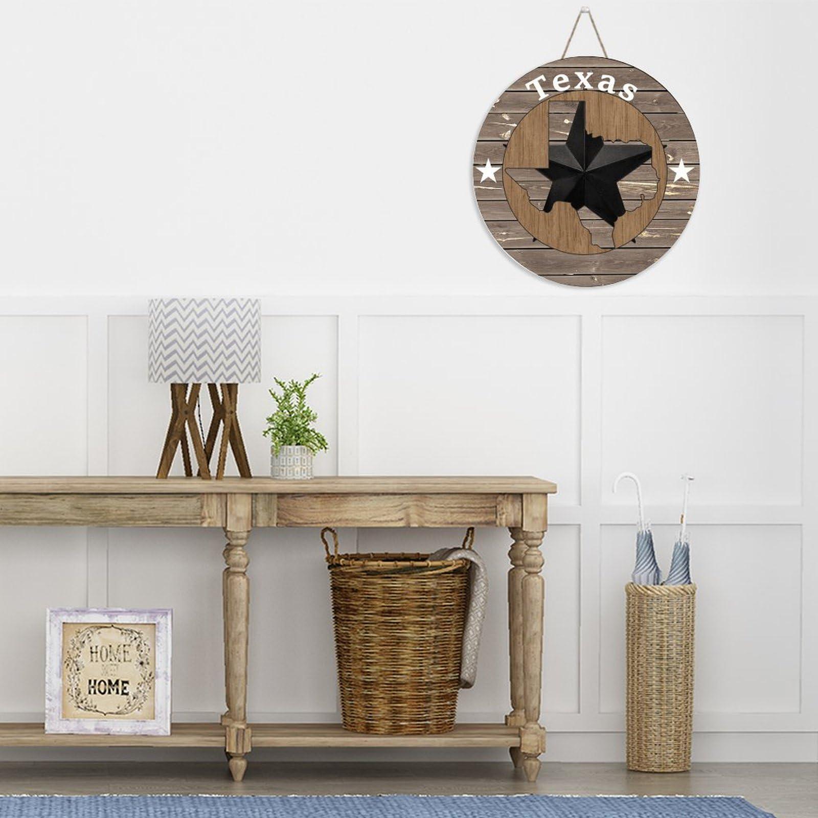 Autravelco Farmhouse Round Wood Plank Hanging Sign Texas Lone Star Home Map Custom Wood Plaque Sign Quote Rustic Boho Geometric Wood Panel Wall Decorative Signs for Indoor Cabin 12x12 Inch