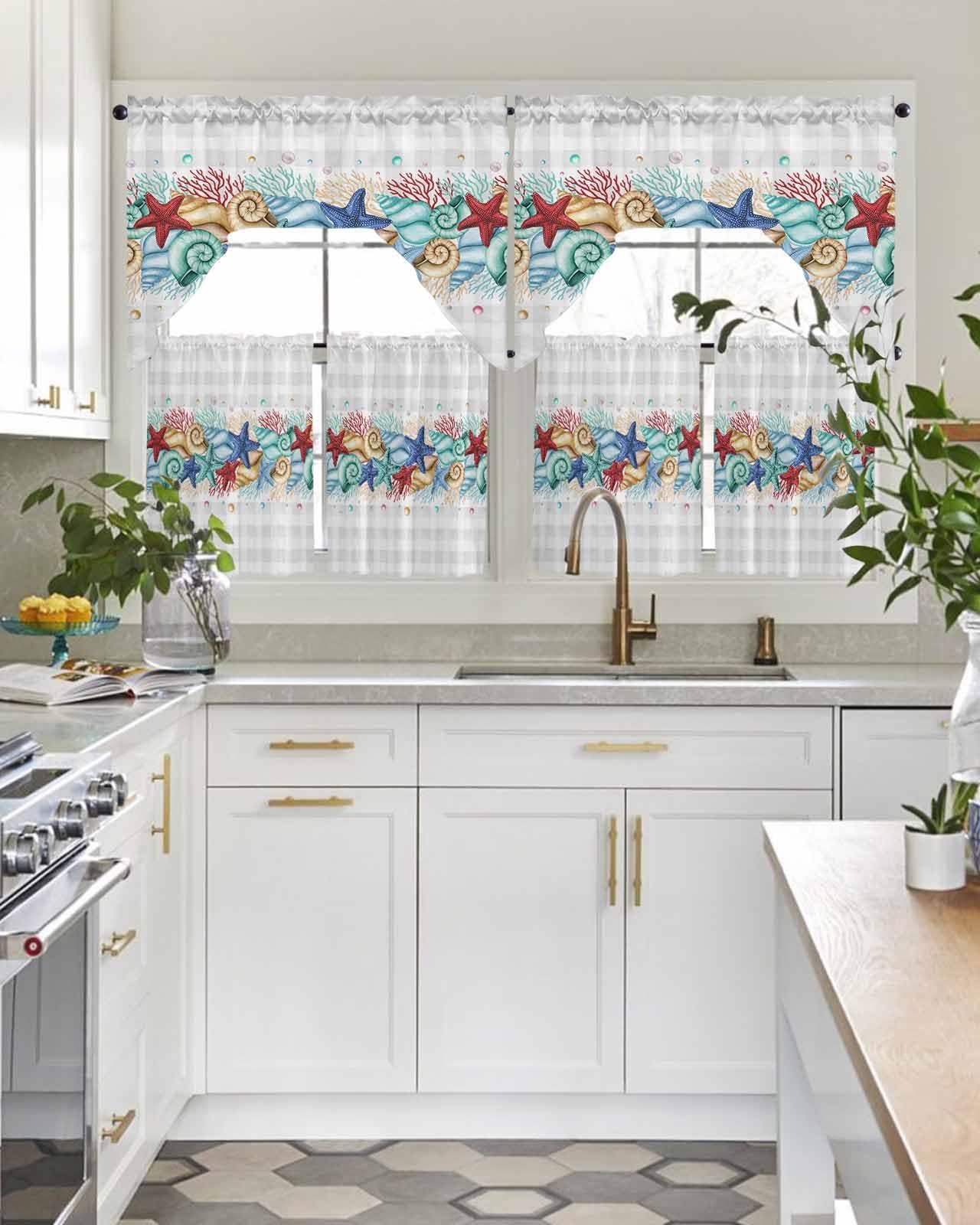 Onekaccu Coral Starfish Coastal Swag Curtains Valance and Tier Set, Rod Pocket 3 Piece Kitchen Curtains Over Sink Summer Beach Ocean Plaid Gray Swag Valances and Tier Curtains for Bedroom Bathroom 36 inches