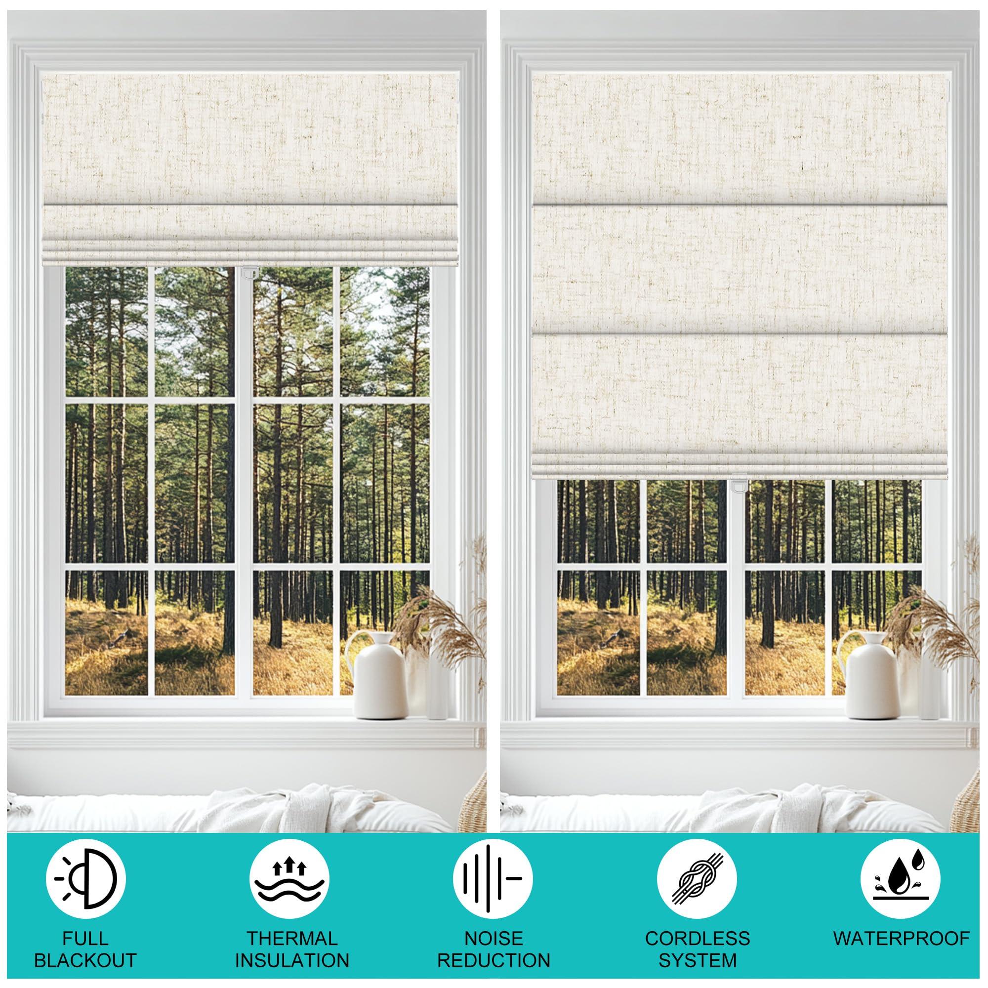 BERISSA BERISSA No Drill Cordless Roman Shades for Window, Blackout Roman Blinds Room Darkening Roll up Blinds Easy Install Linen Roman Window Shades for Inside Mount,34" W x 90" H,Linen Beige