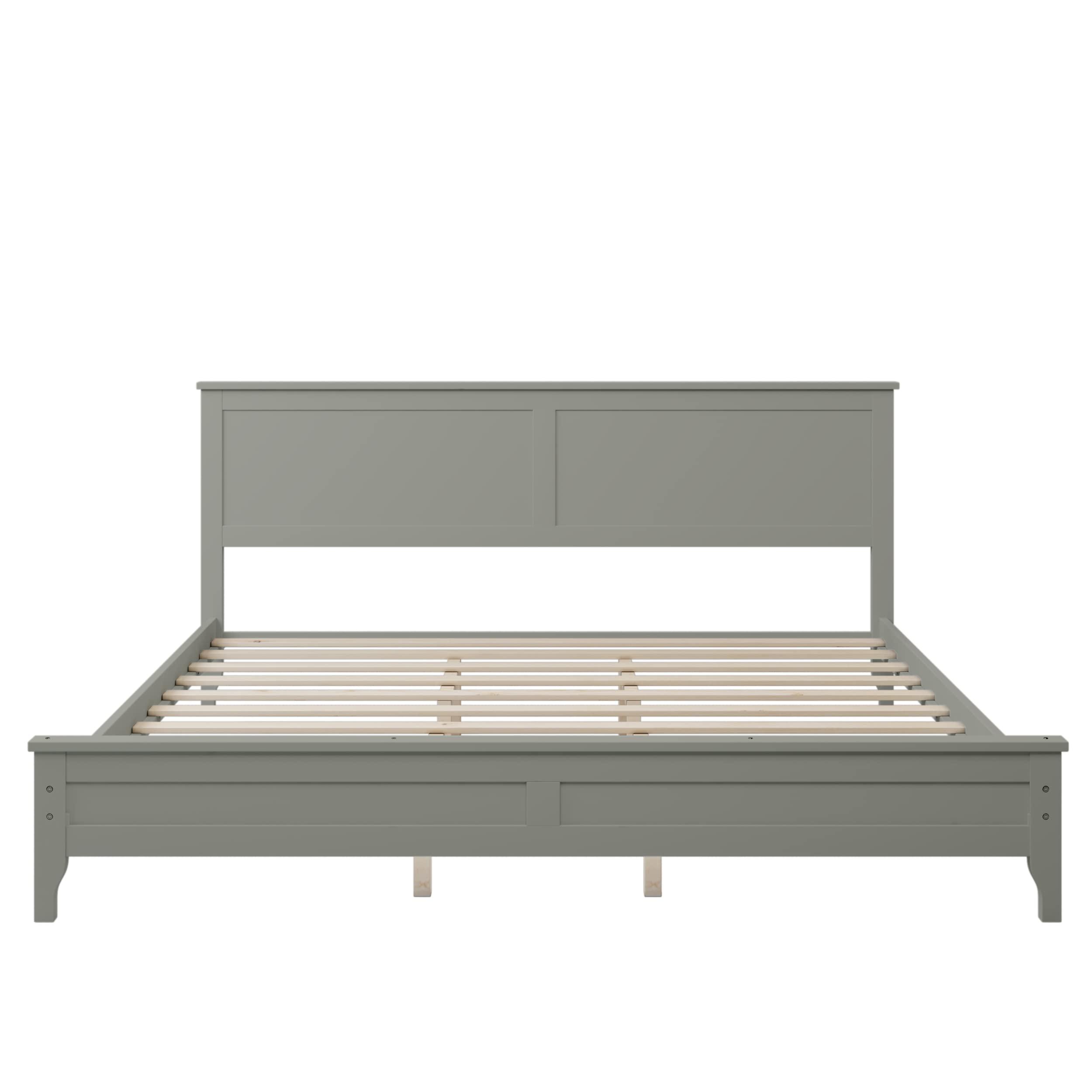 Voohek Solid Wood King Bed Frame, Platform Bed with Headboard, No Box Spring Needed, Removable Hardware, Tapered Wood Legs, Gray