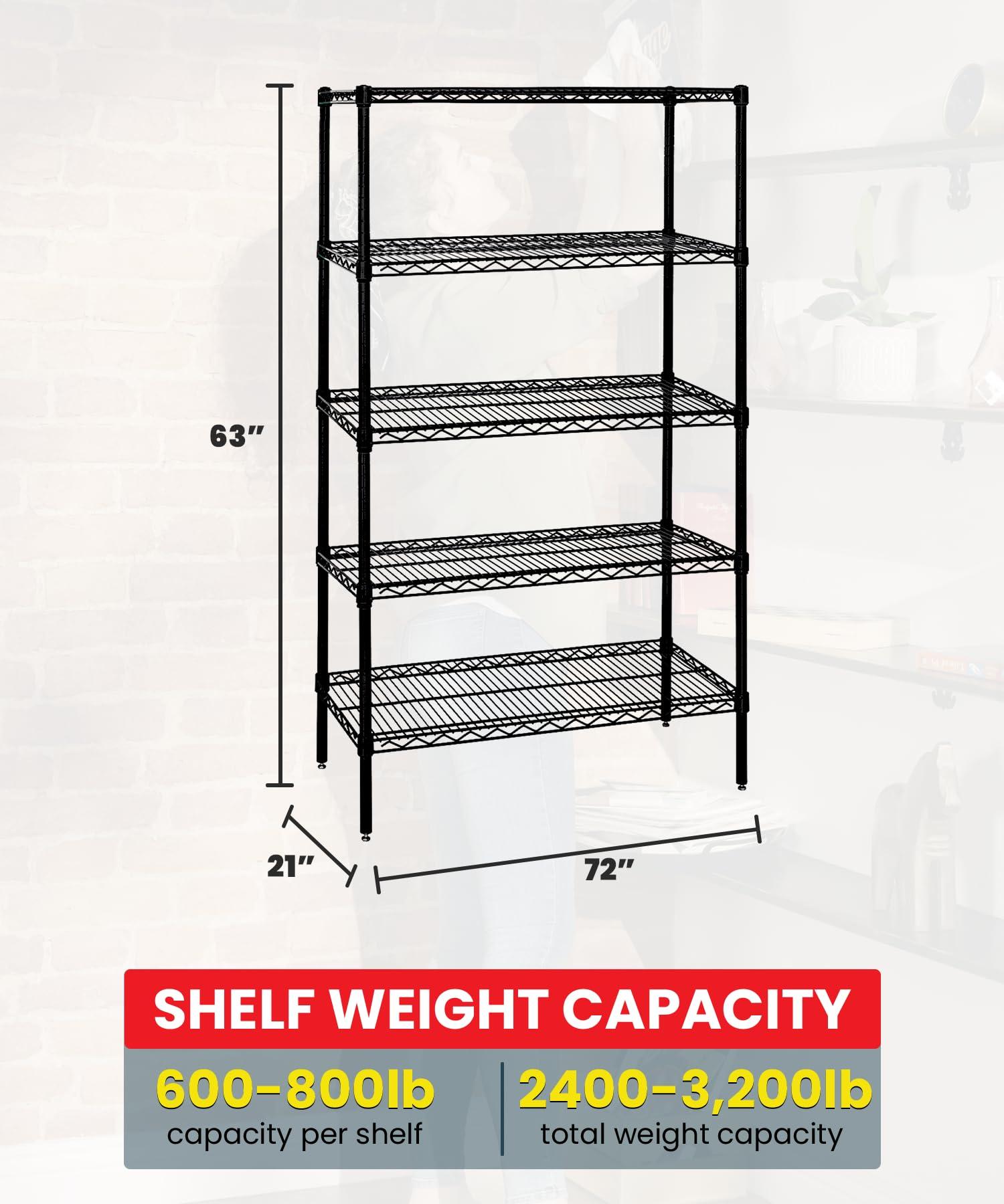 QUANTUM STORAGE SYSTEMS Quantum Storage Systems WR63-2172BK-5 Wire Shelving Starter Kit, 72" W x 21" D x 63" H, 600 lbs Capacity, Carbon Steel, Epoxy Coated, Black, NSF