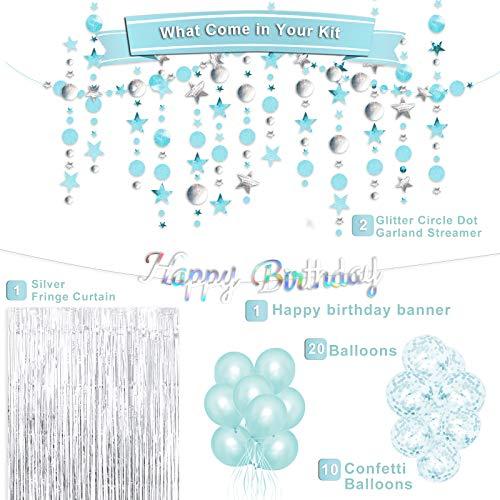 Irichna Turquoise Birthday Party Decoration - Sliver Happy Birthday Banner, Blue Glitter Circle Dot Garland Streamer, Sliver Fringe Curtain, Blue and Sequins Balloons, for Women and Men Birthday Party