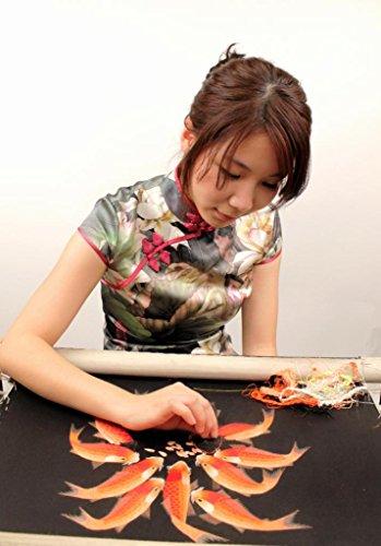 King Silk Art King Silk Art 100% Handmade Embroidery Framed Red & Black Japanese Koi Oriental Wall Hanging Art Asian Decoration Tapestry Artwork Picture Gifts 32004WFB1