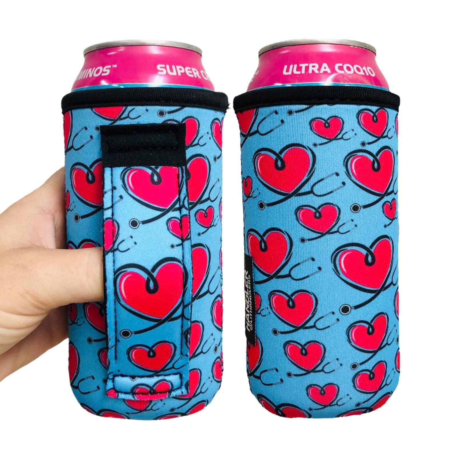 Handlers 16oz Can Cooler Insulated -Lit Handlers Neoprene Fabric Beverage Cooler Sleeve with Handle & Pocket - Water Resistant Soda & Energy Drink Holder - Machine Washable Beer Can Covers (Love a Nurse)