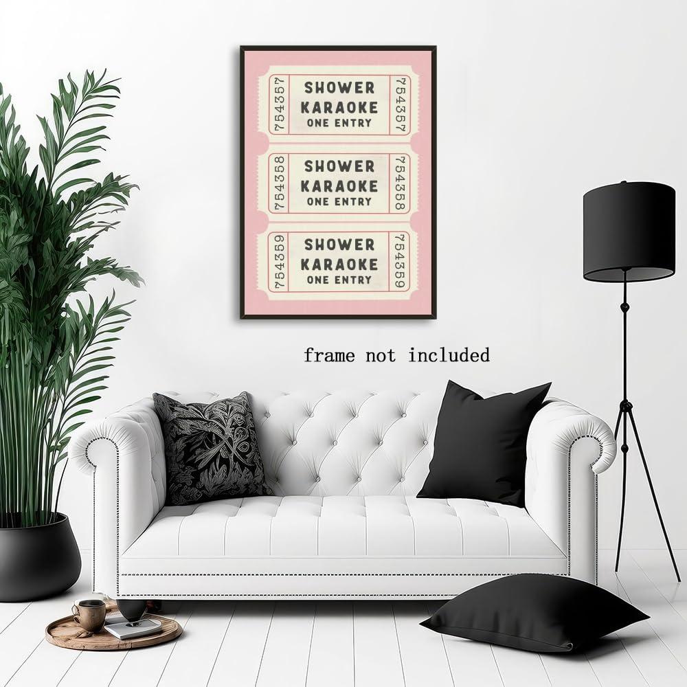 WHQethrial Funny Shower Karaoke Ticket Print Bathroom Canvas Poster for Bathroom Decor, Retro Pink Toilet Wall Art, Cute Bath Decor, Aesthetic Bathroom Art, Guest Bathroom Canvas Wall Art 8x12inch Unframed