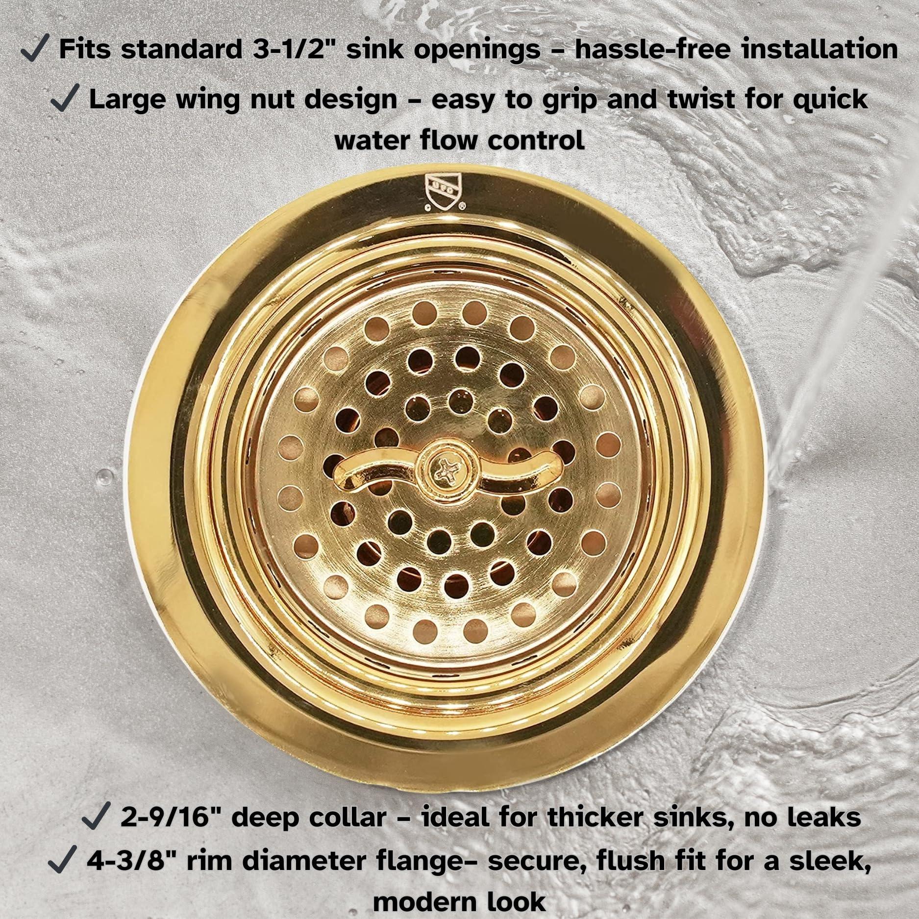 Westbrass Westbrass D213-01 3-1/2" Wing Nut Twist Style Large Kitchen Sink Basket Strainer, Single, Polished Brass