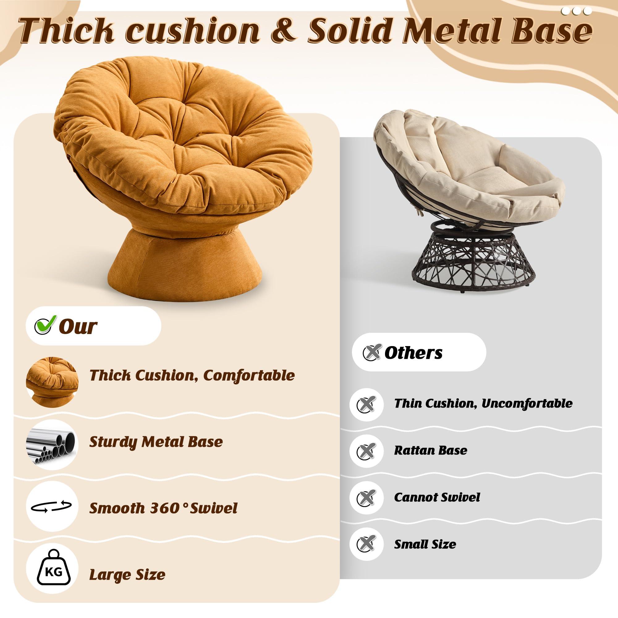 SLEERWAY Papasan Chair with Cushion and Frame, 360 Swivel Accent Chair, Comfy Chenille Upholstered Round Chair, Modern Oversized Reading Chair with Metal Base Lazy Chair for Bedroom, Living Room, Orange