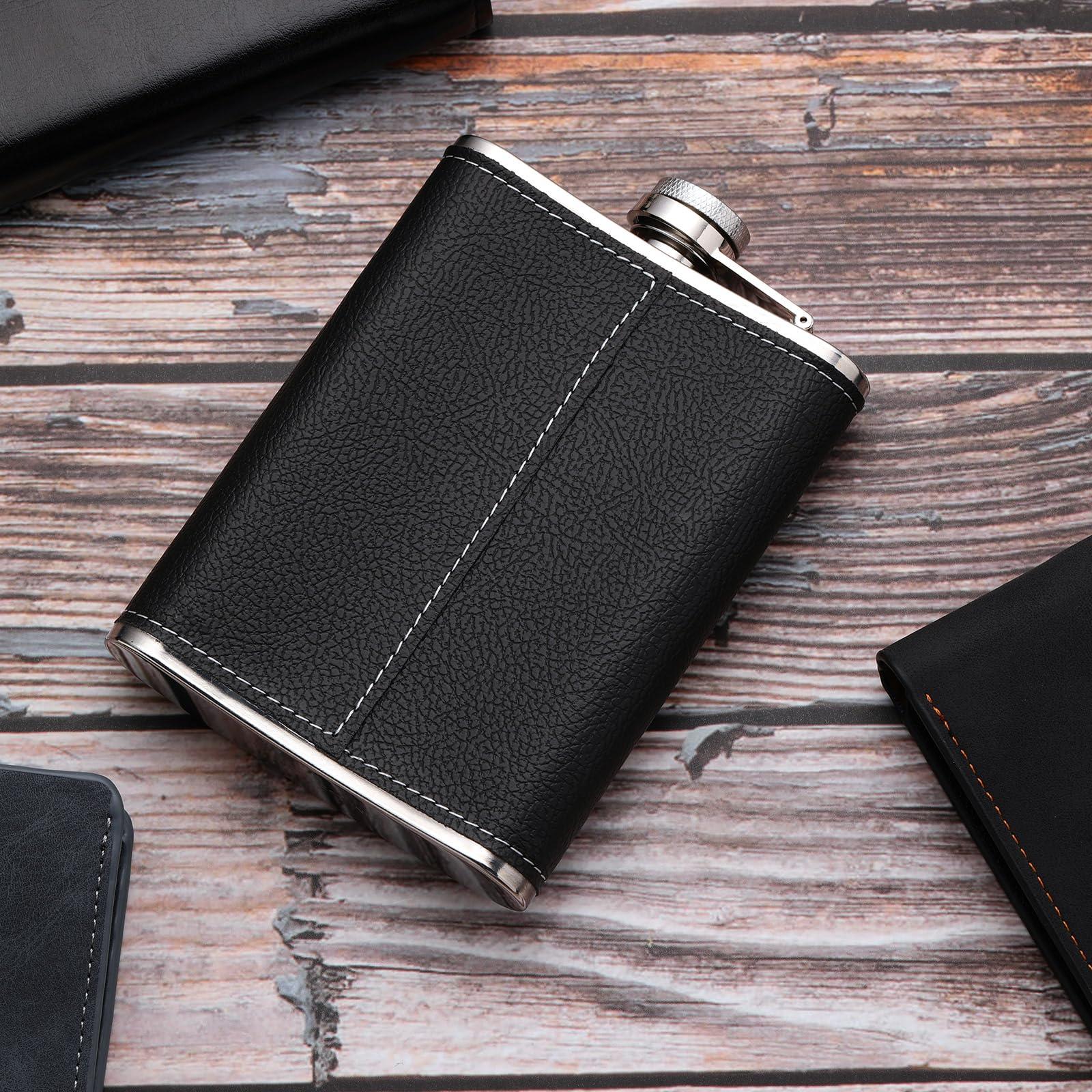 PEGYOU Personalized Leather Flasks for Liquor for Men, Custom Engraved Monogrammed Flask, 8 oz Whiskey Flask Hip Flask, Groomsmen Gifts Christmas Birthday Gifts for Dad Grandpa - Leather, Black