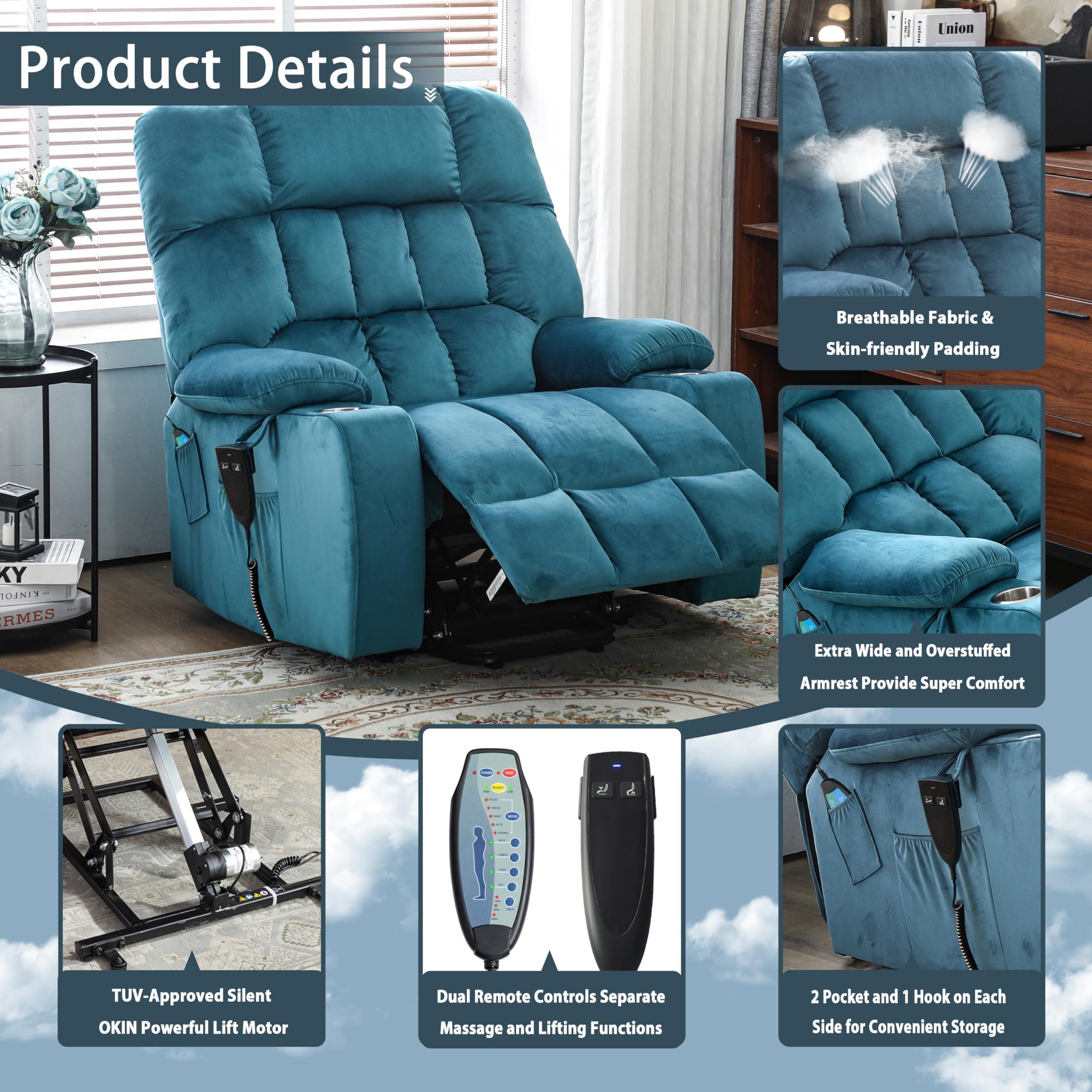 PUG258Y PUG258Y Power Lift Recliner Chair: Electronic Recliner Chair with Heat and Massage for Big and Tall Elderly, 2 Cup Holder, Lay Flat to 170 Single OKIN Motor - 9688 (X-Large, Teal)