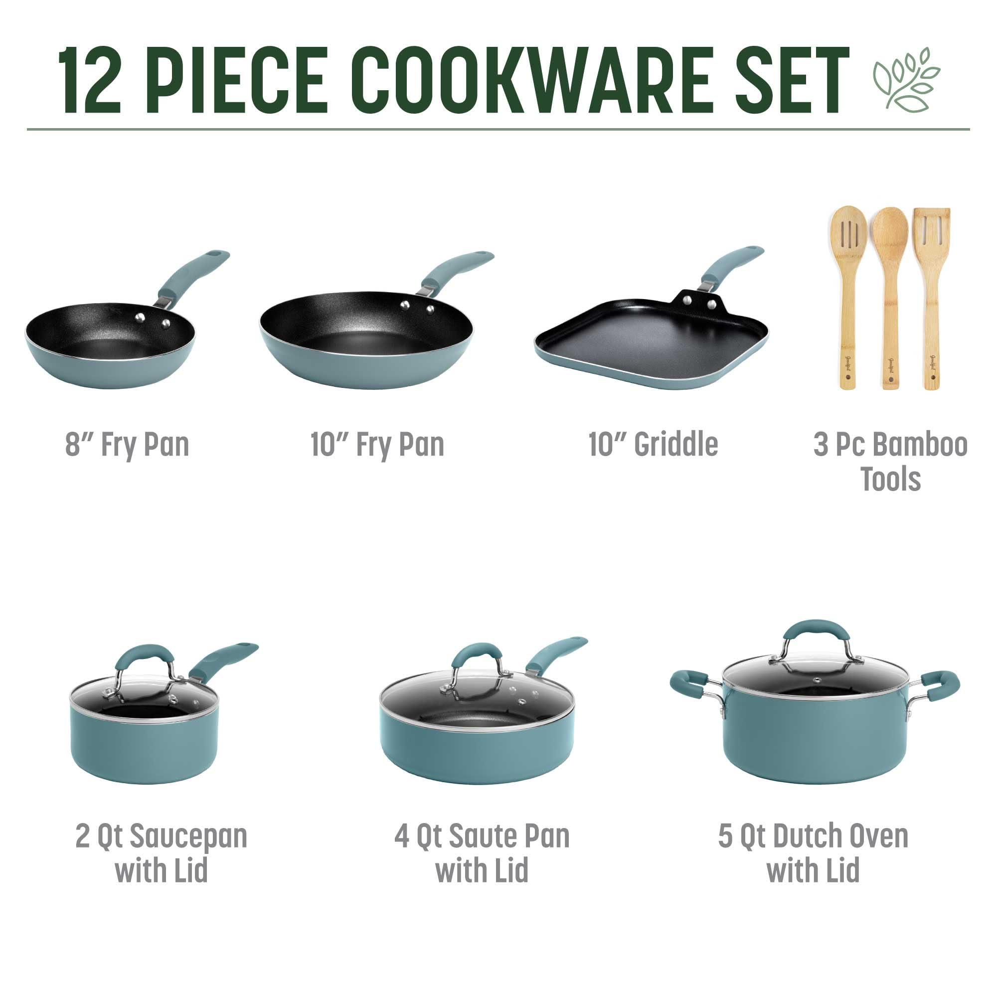 Goodful Goodful Ceramic Nonstick Pots and Pans Set, Premium Ceramic Coating Made without PFOA, PTFE or PFAS, Dishwasher Safe, 12-Piece, Turquoise