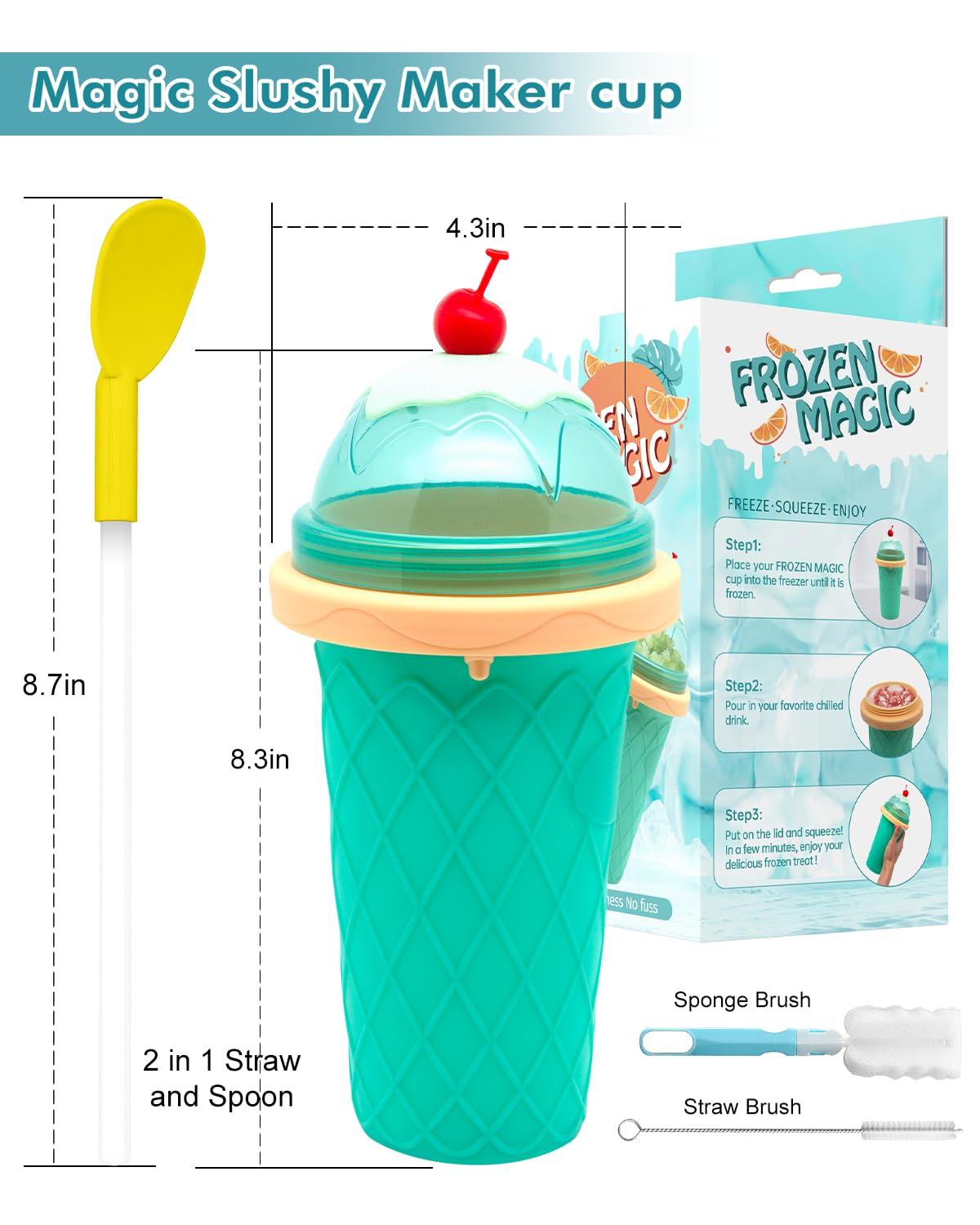 Bollove Slushie Cup, Smoothie Cups with Lids & Straws, Slushy Cup for Juices, Milk and Ice Cream Make, Portable Frozen Magic Slushie Cup Maker for Kids, Friends and Family (Green)