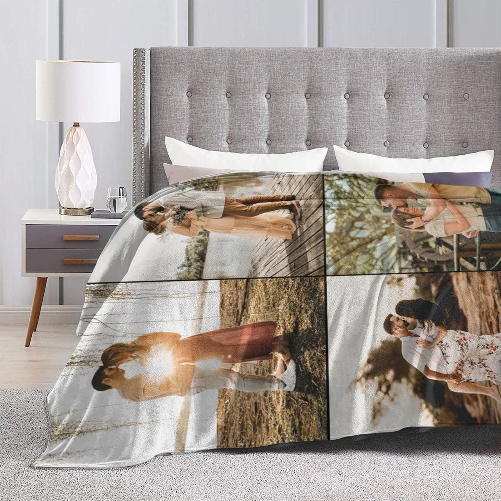 LEOKRUN Personalized Bedding Throw Blankets Customized Flannel Fleece Blankets Custom Blanket with Picture Text for Family Birthday Wedding Gift Fits Couch Sofa Bedroom Living Room 4 Photo Collage 47\" x 47\"