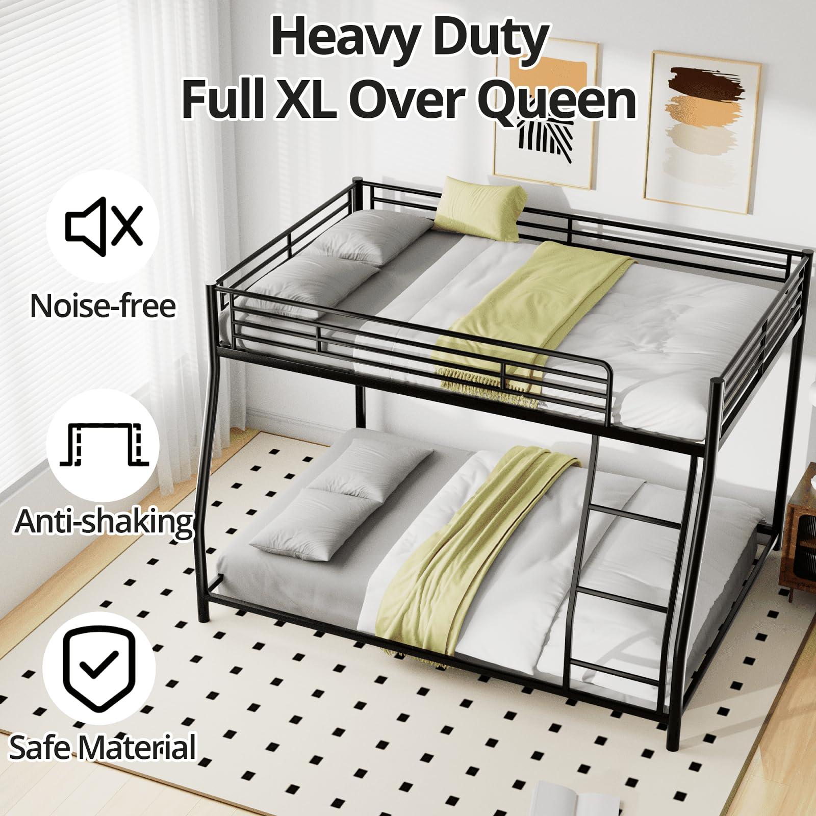 TURRIDU TURRIDU Full XL Over Queen Bunk Bed, Heavy Duty Metal Bunk Bed Frame with Full-Length Guardrails & Ladders, Bedroom Bunk Bed for Teens, Adults, Noise Free, Black