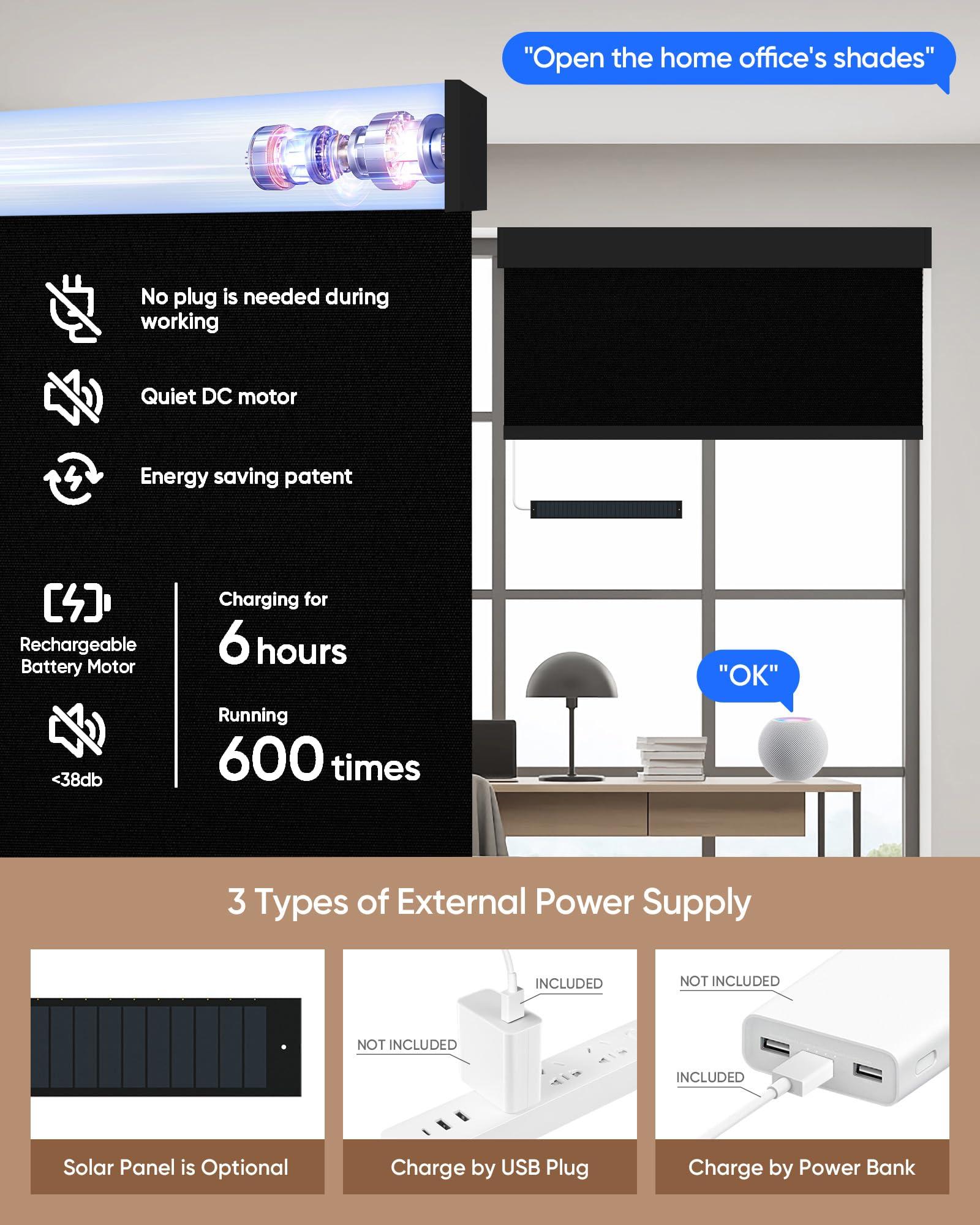 KINCMO Motorized Blinds with Remote: Kincmo 100% Blackout Roller Shades Work with Apple Homekit,Alexa,Google Home, Customized Automatic Blinds, Electric Blinds with App,Voice Control (Vinyl Black)