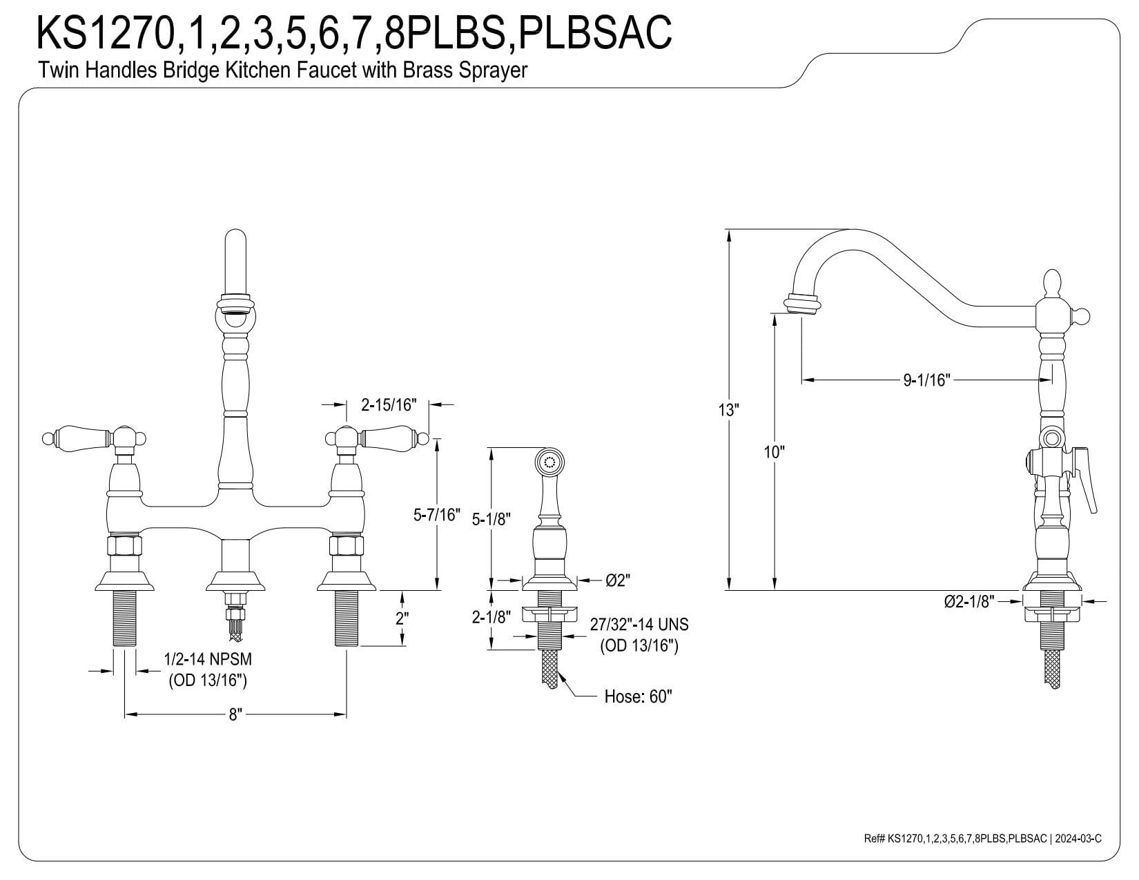 Kingston Brass Kingston Brass KS1278PLBS Heritage 8" Kitchen Faucet with Brass Sprayer, Brushed Nickel