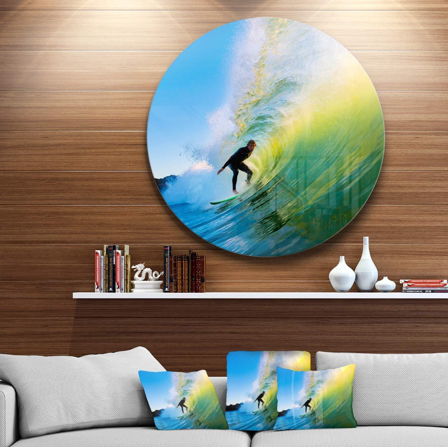 Design Art Designart Surfer Beating Waves-Photo Disc MT6990-C38-Disc, 38x38-Disc of 38 inch, Blue/Green