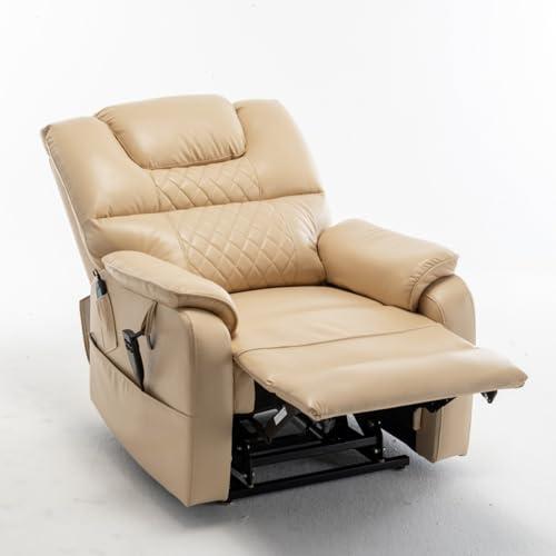 WEALTHKING Luxurious Electric Lounge Chair for Elderly - Power Supply Recliner Sofa with 180 Flat Lying Position, Remote Control, Side Pockets - Perfect for Living Room, Bedroom, Home Theater (Beige+PU)