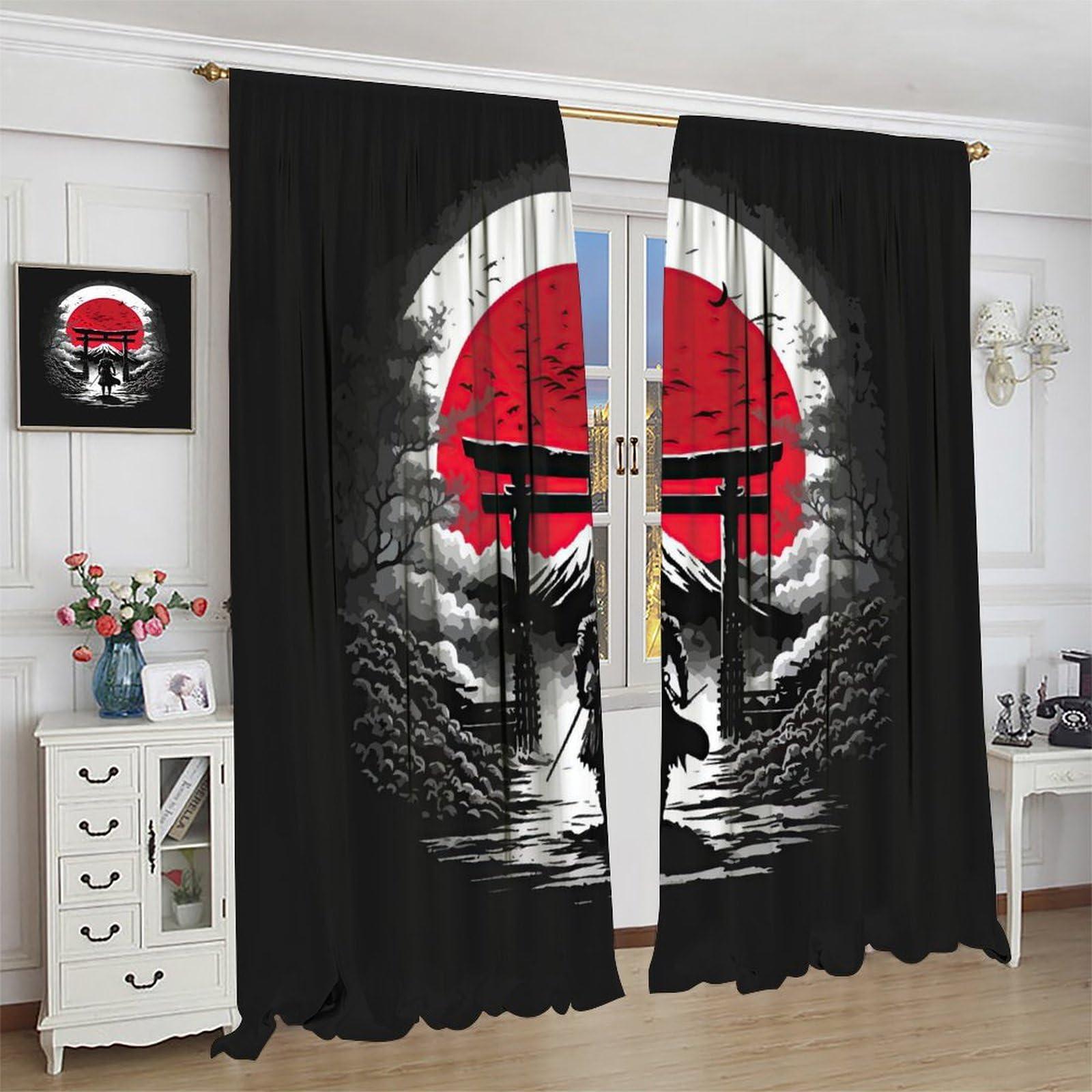 Rtovo Bushido Curtains, Japanese Samurai On Red Sun Lawn Mount Fuji Background, Blackout Curtains for Bedroom Living Room84X84 Inch, Style-5