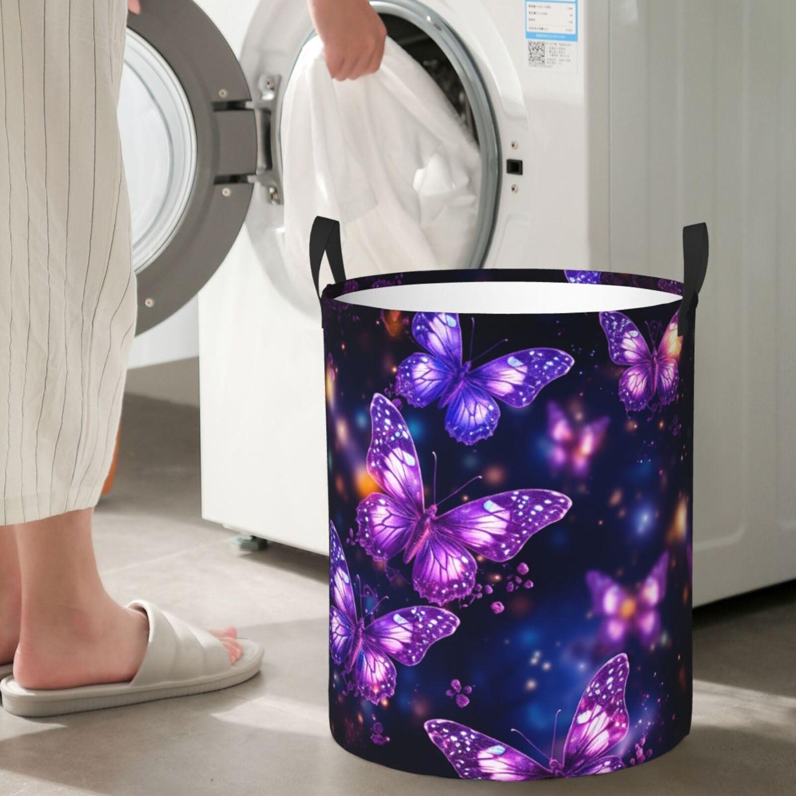 NONHAI Large Laundry Basket purple cute butterfly print Foldable Laundry Hamper Waterproof Collapsible Washing Bin Clothes Bag Freestanding Dirty Clothes Hampers for Laundry, Bedroom, Dorm