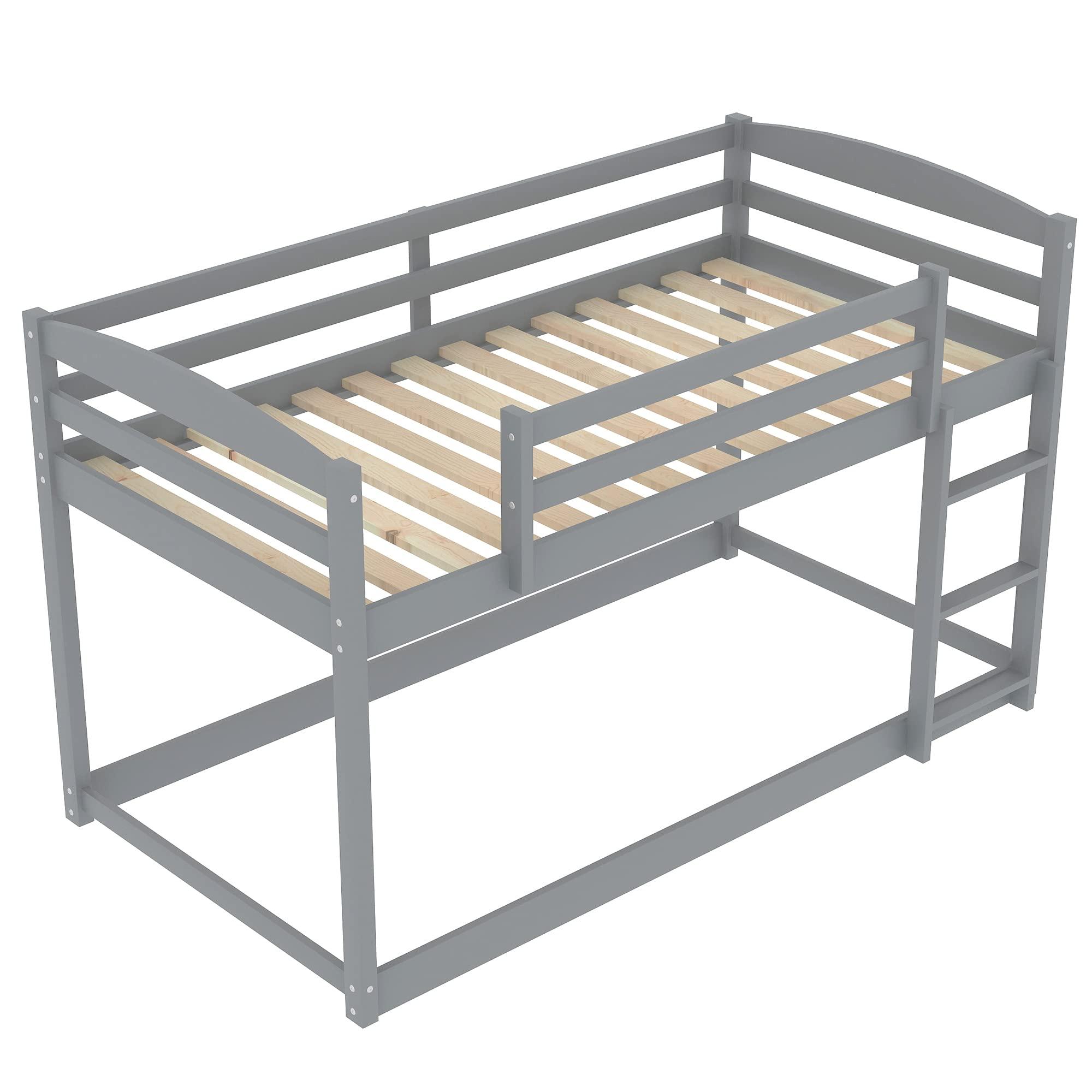 Harper & Bright Designs Harper & Bright Designs Low Bunk Bed Twin Over Twin, Wood Twin Bunk Bed Frame with Ladder and Guardrails, Kids Low Bunk Beds for Kids, Toddlers, Teens No Box Spring Needed (Gray)