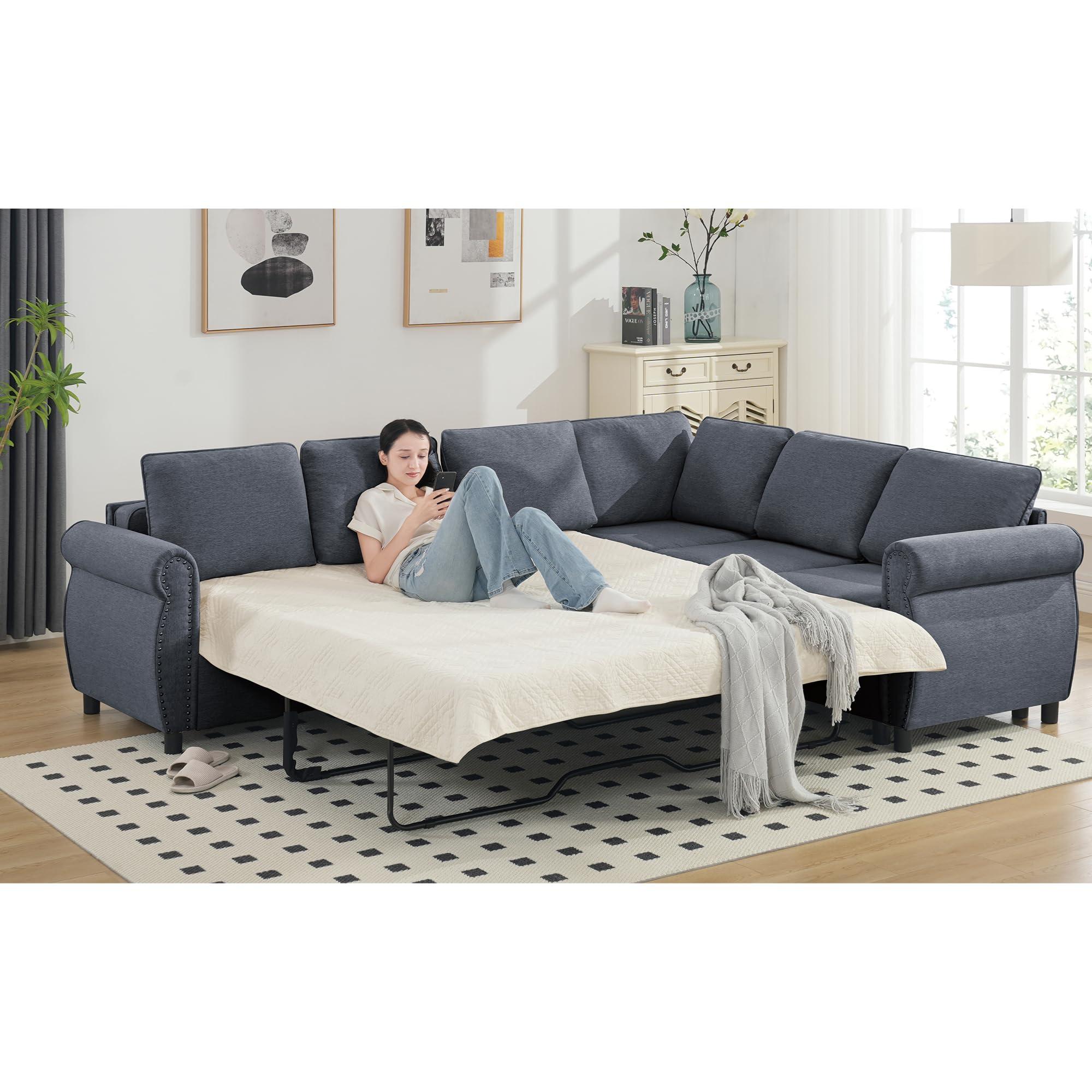 HZANHY HZANHY Sectional Sleeper Sofa with Pull Out Bed,2 in 1 Pull Out Couch Bed, L-Shape Sectional Couch Sleeper Bed,6 Seater Sleeper Sectional Sofa Bed, 104'' Large Combined Sofa Bed in Living Room Grey