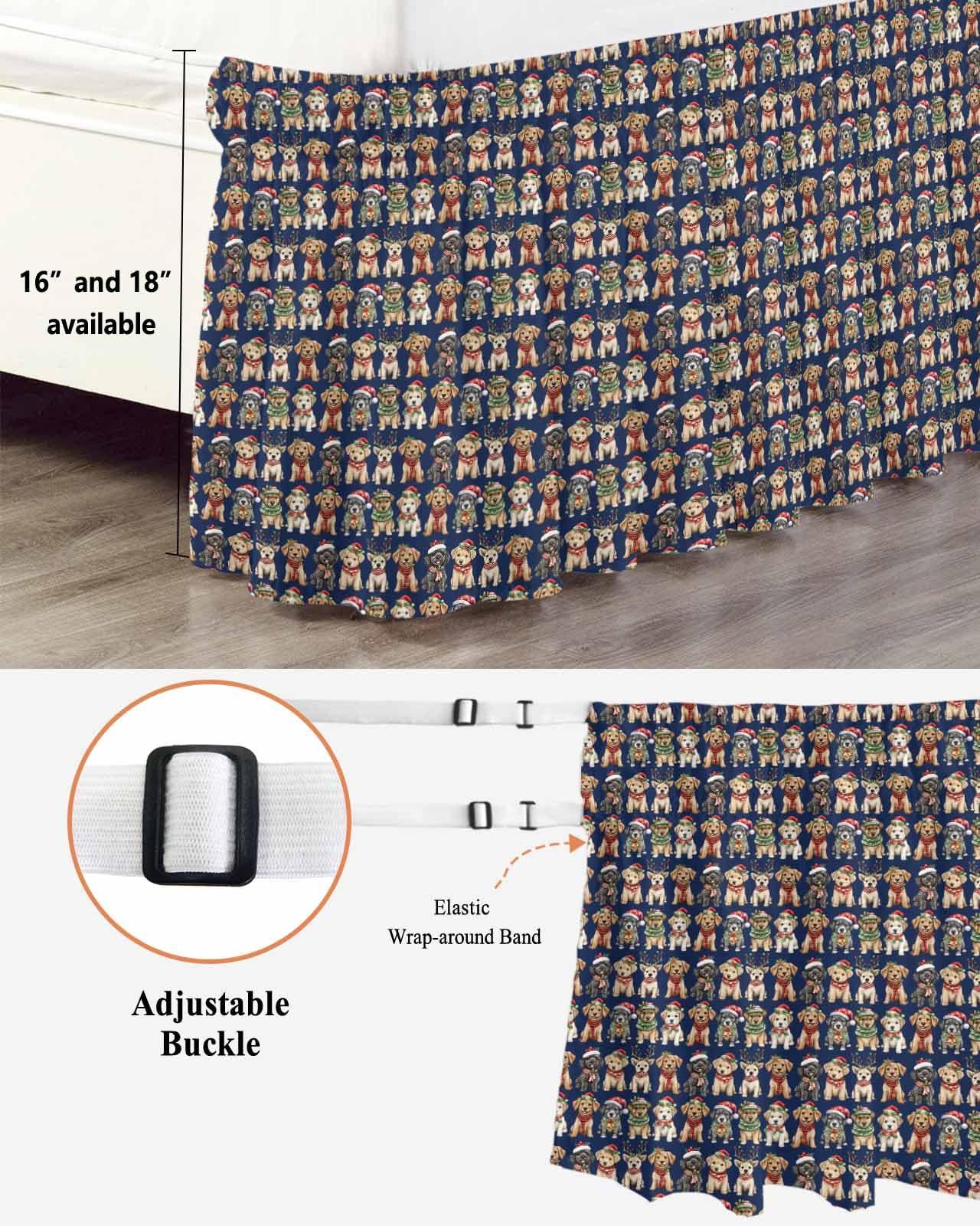 IDOWMAT Christmas Pet Dog Santa Hat Ruffled Bed Skirt,Elastic Wrap Around Bed Skirts for 72x84 Inch Bed, Winter Xmas Ornament Navy Bedskirt with 16 Inch Drop Easy Fit Bed Frame Cover