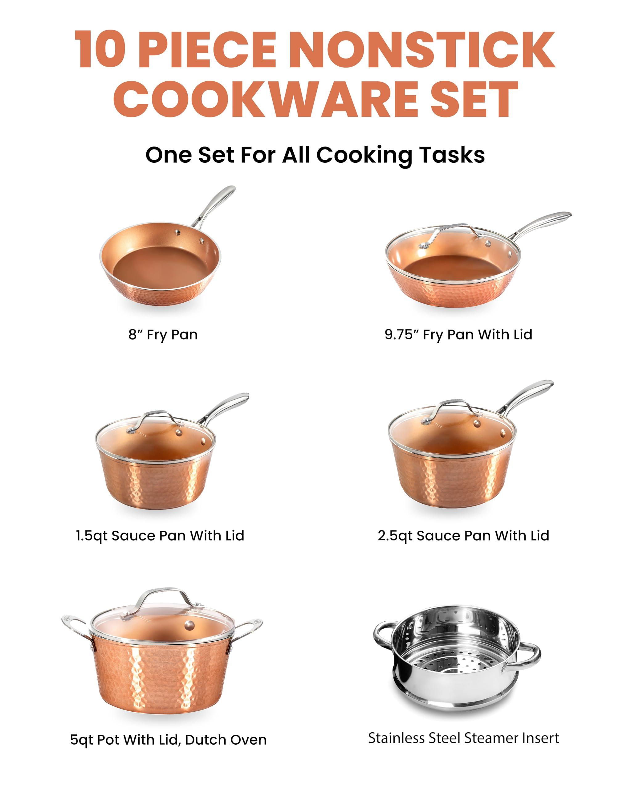 GOTHAM STEEL Gotham Steel Hammered Copper 10 Pc Pots and Pans Set Non Stick Cookware Set, Non Toxic Ceramic Cookware Set, Kitchen Cookware Sets with Induction Cookware, Pot and Pan Set, Oven/Dishwasher Safe